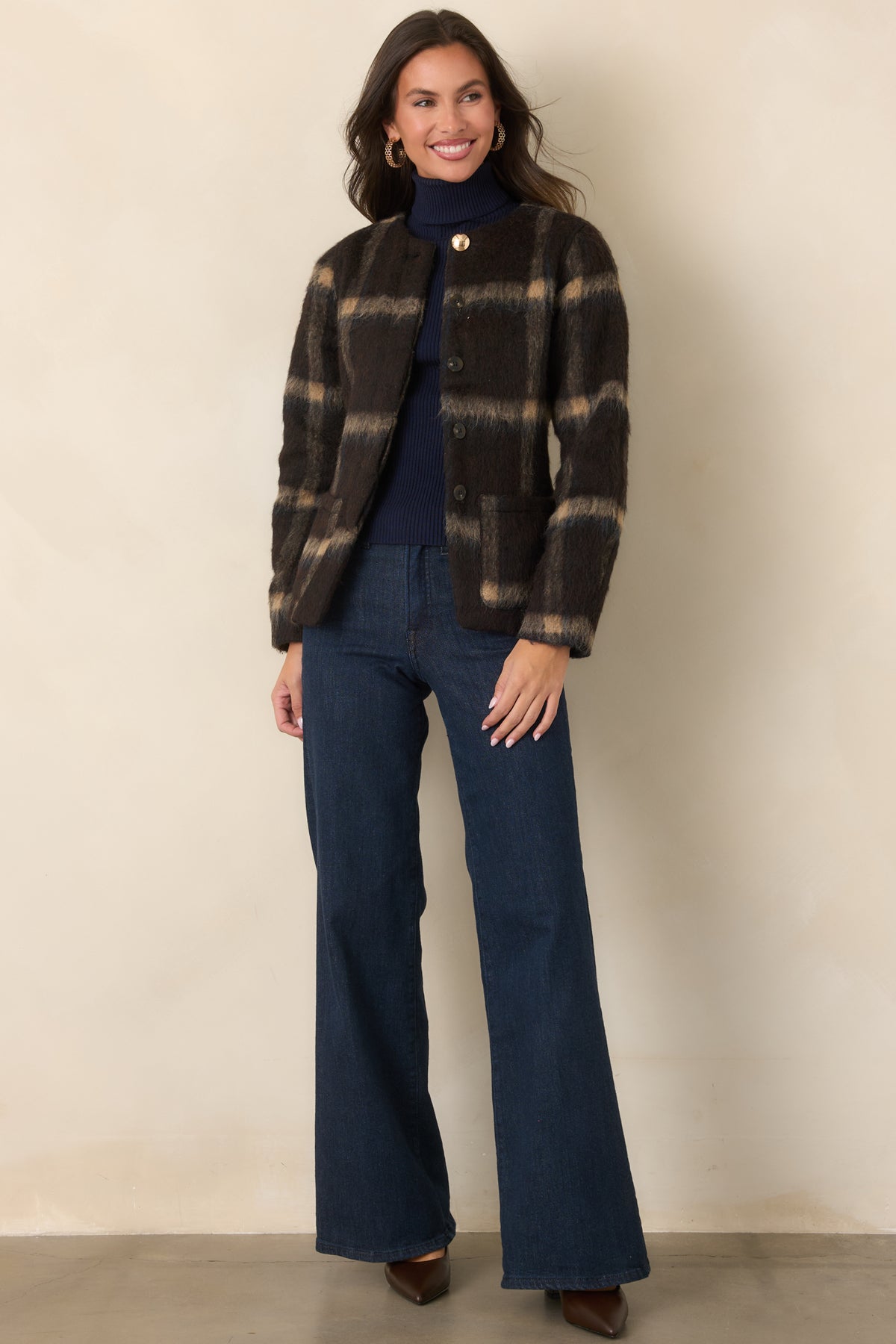 Rich brown plaid jacket with a gold-tone top button, concealed front closure, and long sleeves.