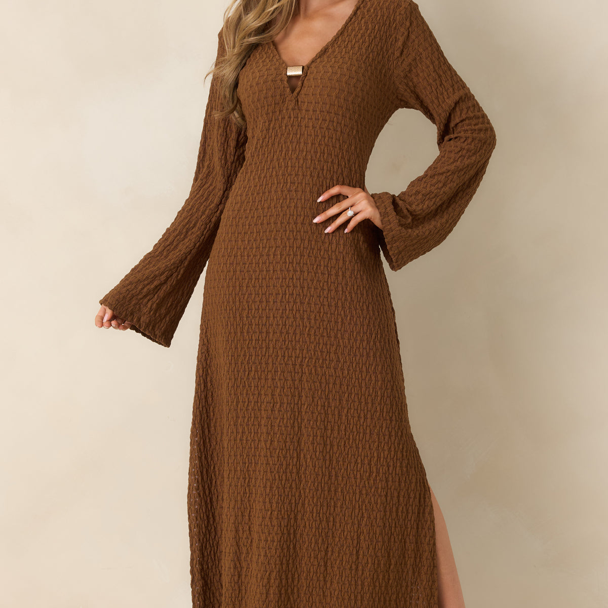 long sleeve dress with sheer sleeves Women's Just a Hint of Glam Brown Textured Semi-Sheer Long Sleeve Maxi Dress | Size: S