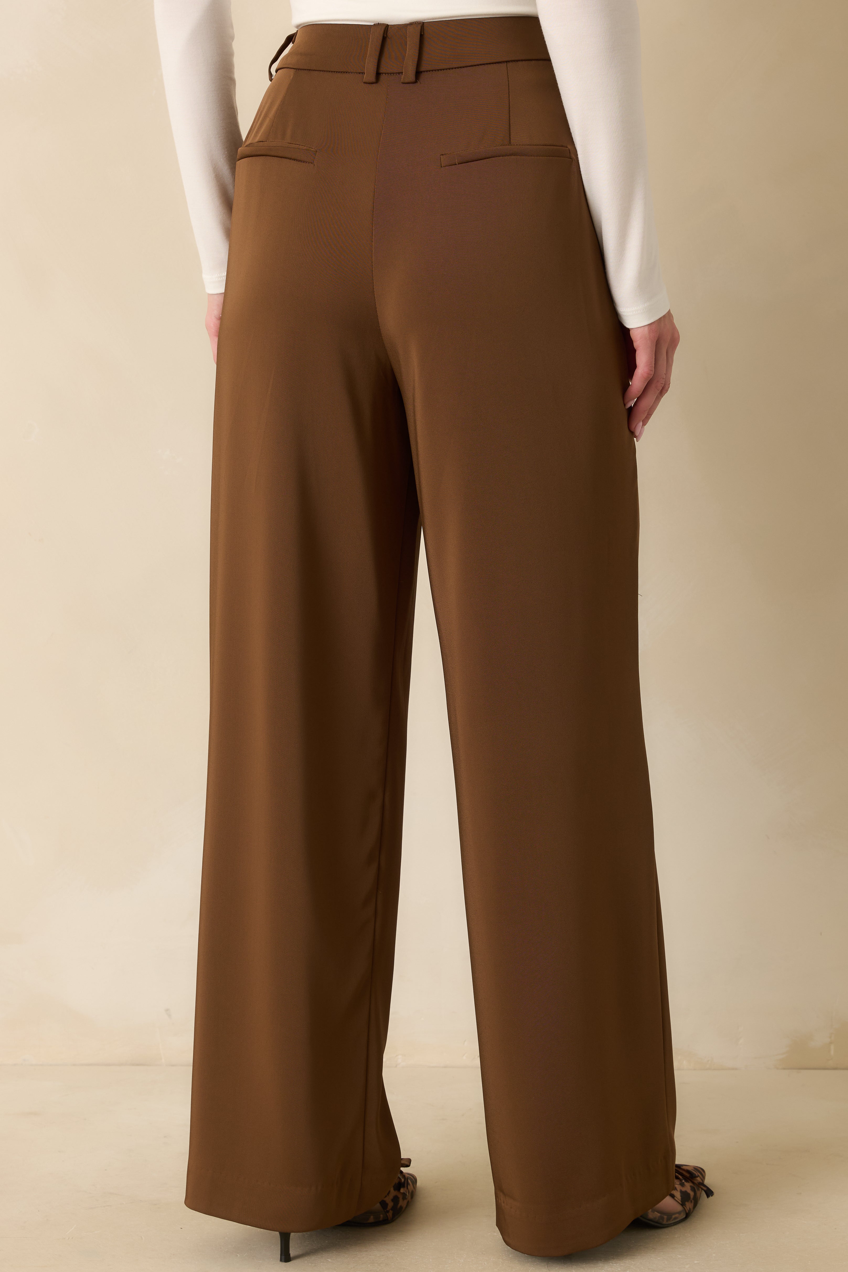 Back view of the brown trousers showcasing the faux back welt pockets and wide-leg silhouette.