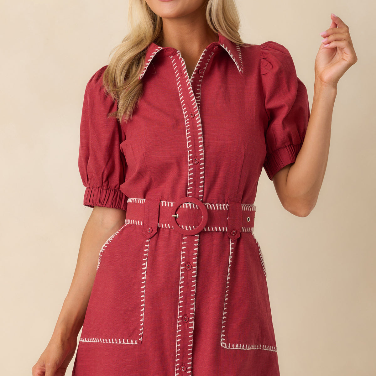 Heard It Before Burgundy Cotton Belted Mini Shirt Dress