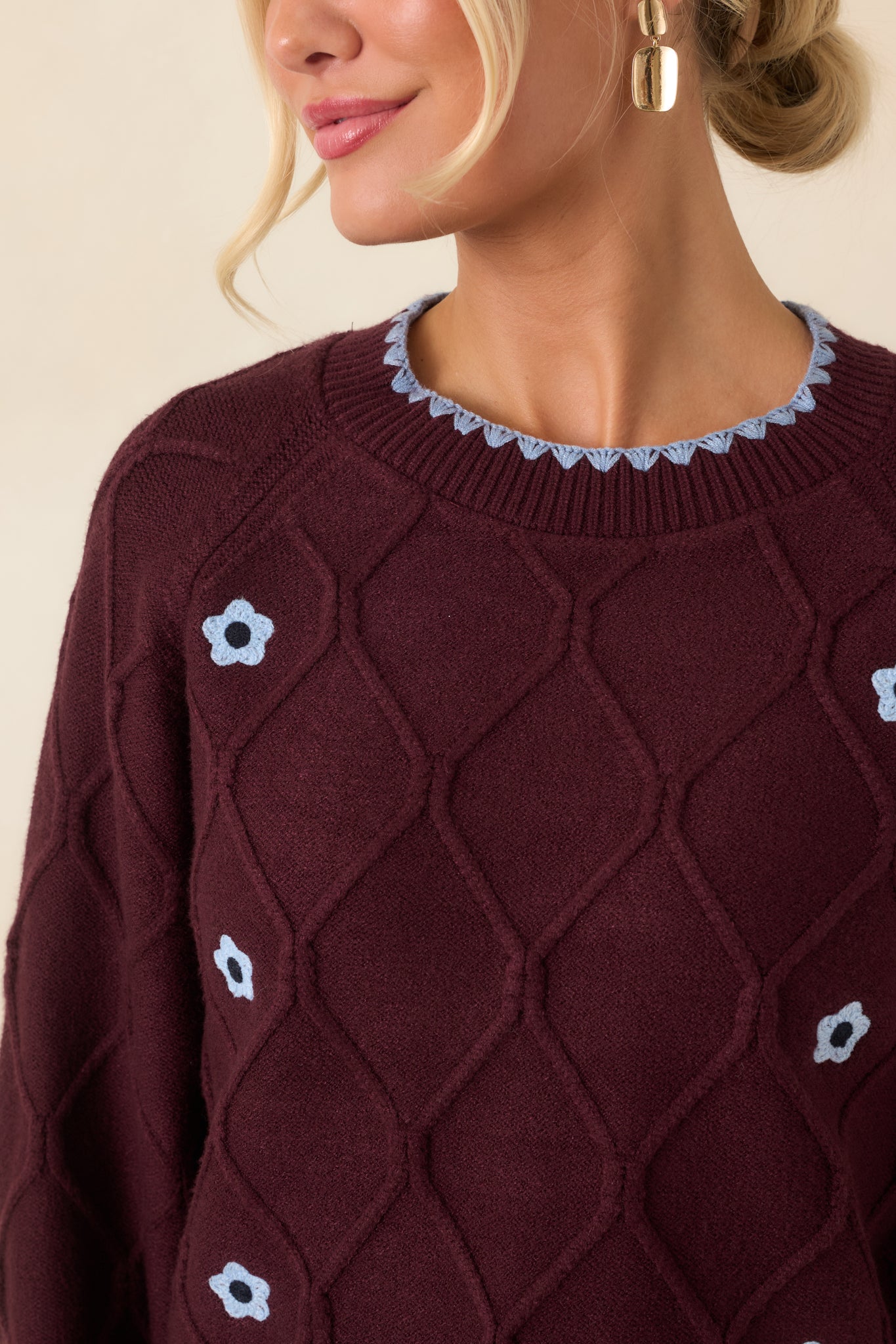 Close-up of the burgundy sweater fabric highlighting the raised diamond-knit pattern, light blue floral accents, scalloped trim, and fine stitching.