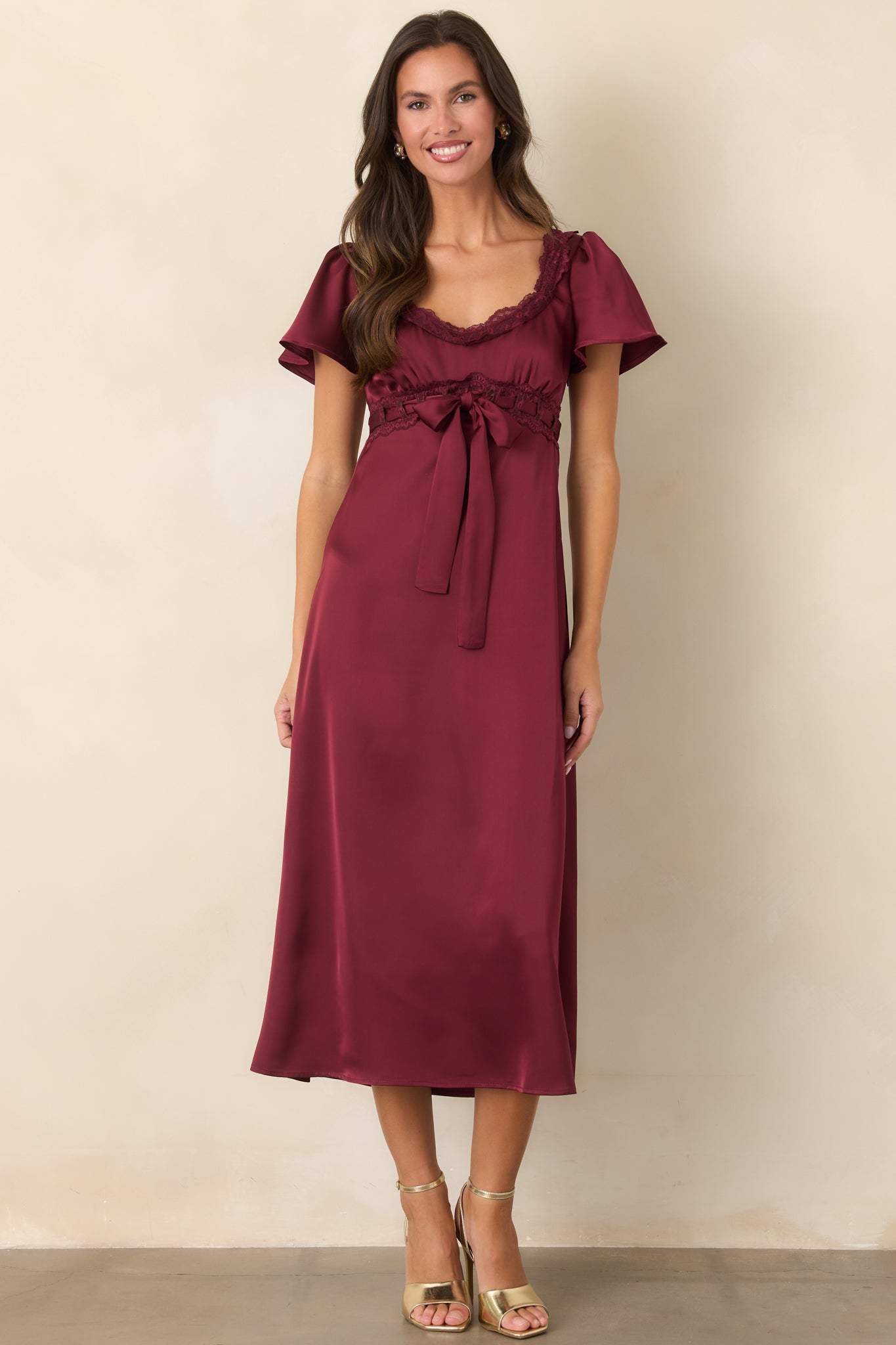 I Was Hoping You'd Ask Burgundy Lace Trim Satin Midi Dress | Red Dress