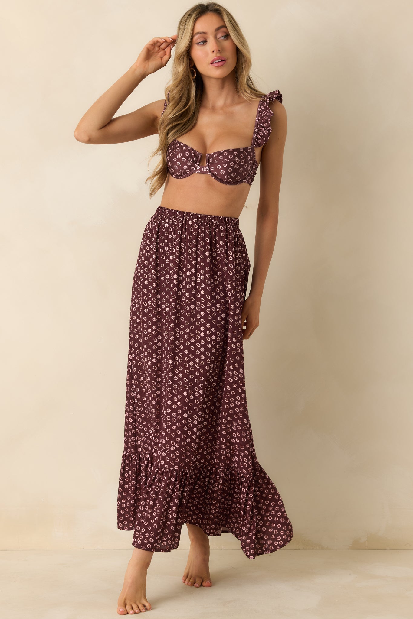 Burgundy floral bikini top with underwired cups and ruffle shoulder straps.