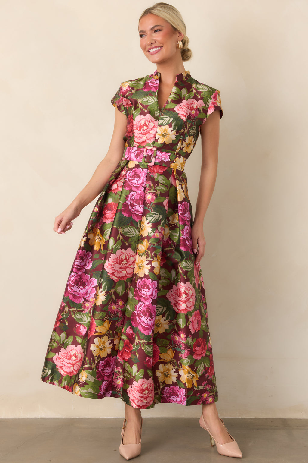 burgundy and green dress Living Beautifully Multi Floral Belted Maxi burgundy & blue poppy