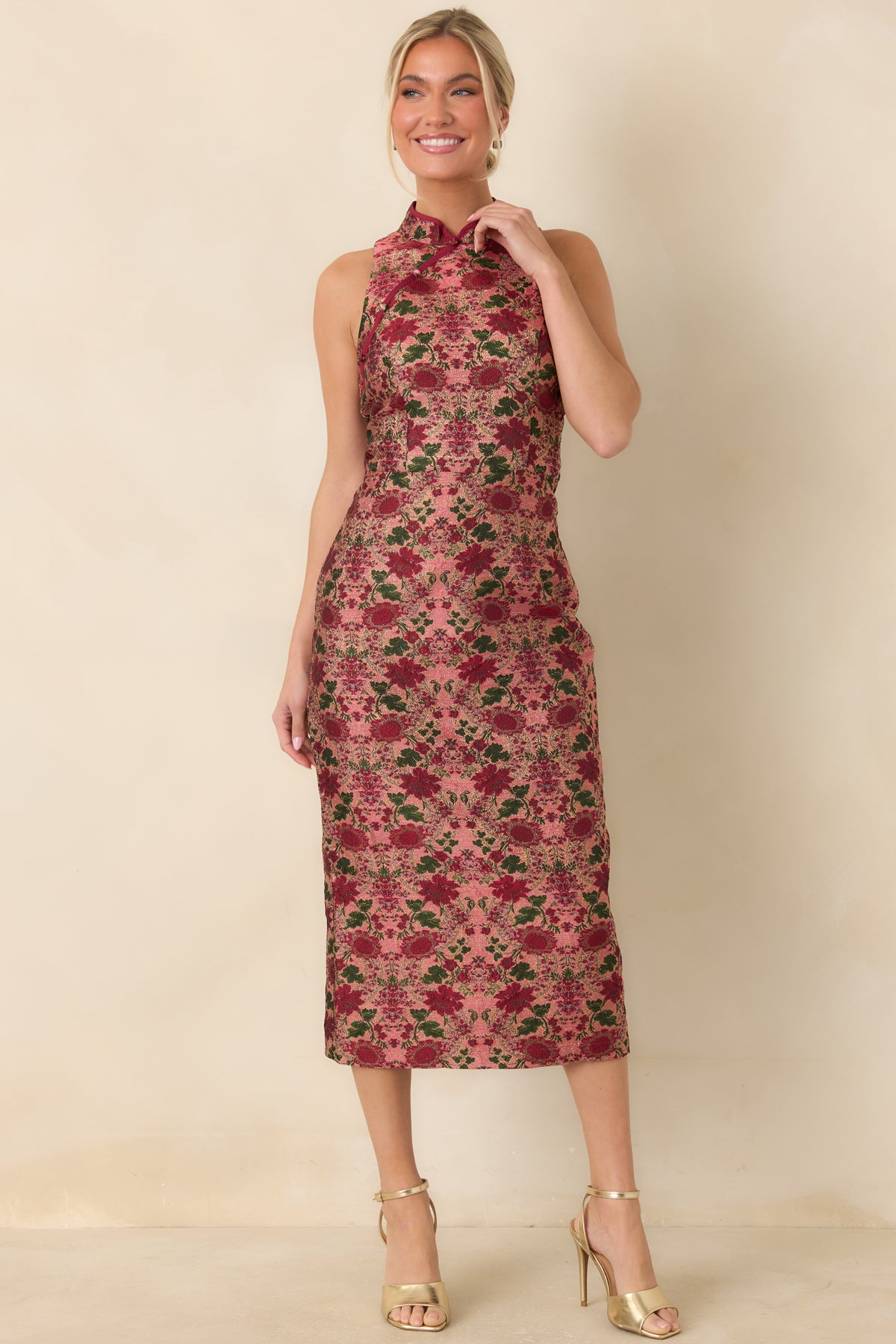 Burgundy and green floral midi dress with a mandarin collar and diagonal front detailing.