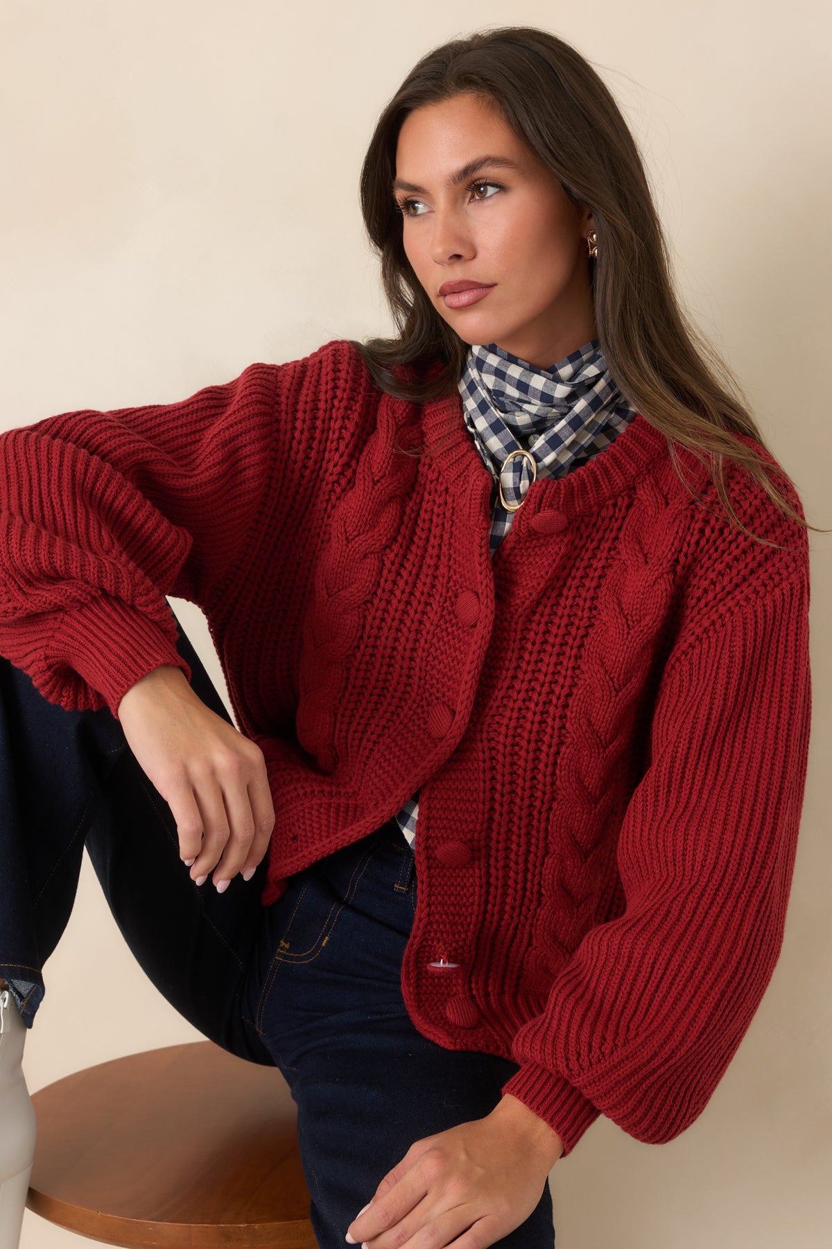 Burgundy cardigan sleeve finished with a fitted ribbed cuff.