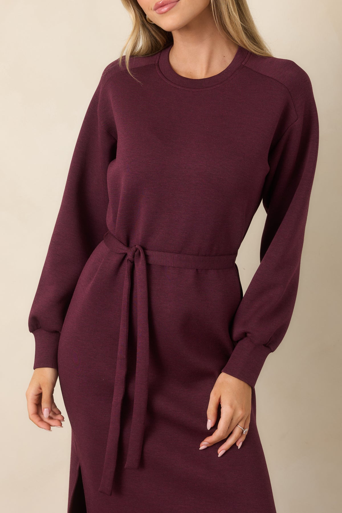 Close-up highlighting the matching waist tie and softly textured heathered finish.