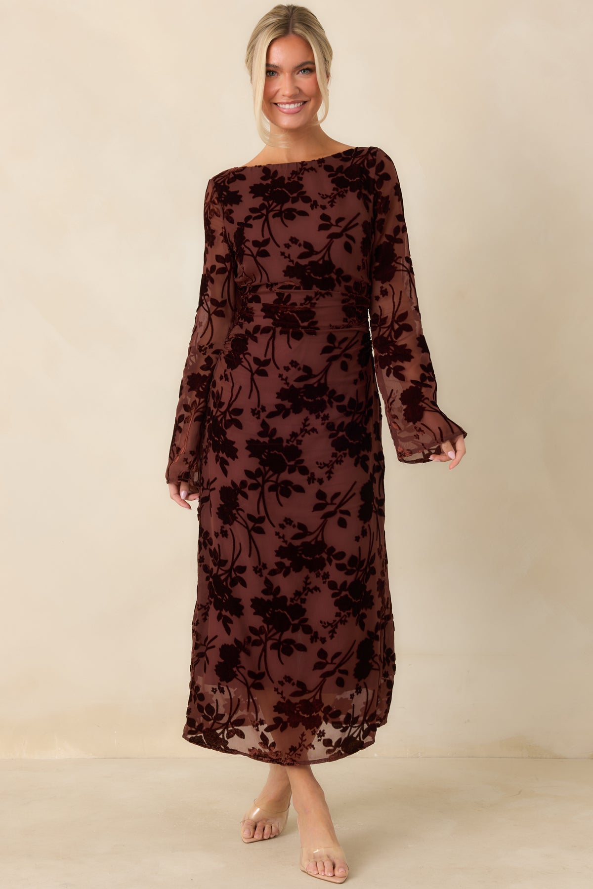 Burgundy mesh midi dress with a textured floral burnout pattern and gathered waist detailing.