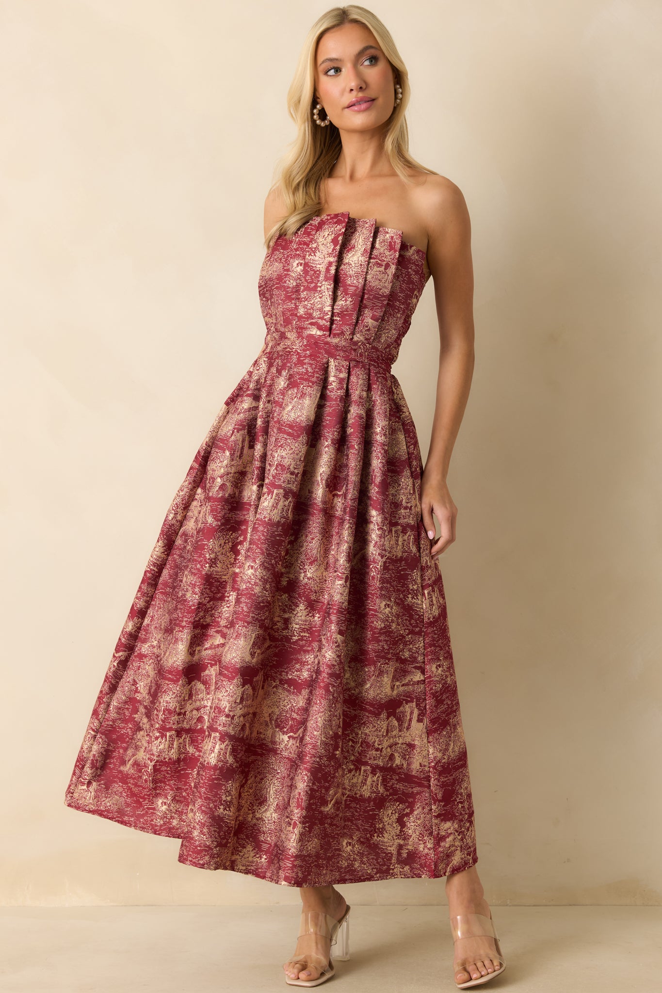 Burgundy Jacquard Storybook Strapless Midi Dress