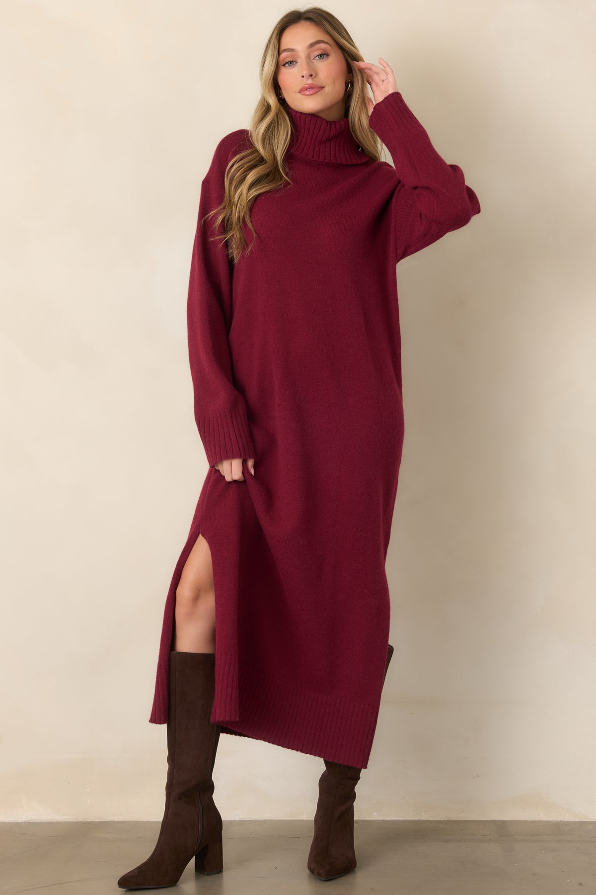 sweater dress ankle length Women's Toasty Thoughts Burgundy Red Knit Turtleneck Midi | Size: S *COMPOSITION* Wool Color:White with Light Blue Ribbon Spaghetti Straps Backless Black formalus