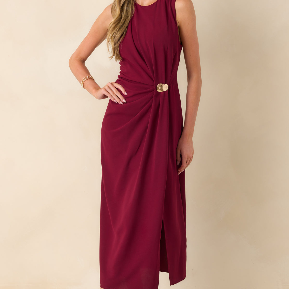 Burgundy Ruched Maxi Dress - Maxi Dresses