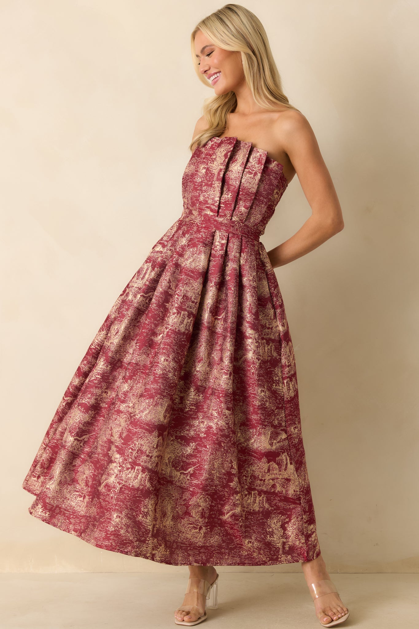 The Genevieve Burgundy Storybook Toile Jacquard Strapless Midi Dress The Genevieve Burgundy Storybook Toile Jacquard Strapless Midi Dress