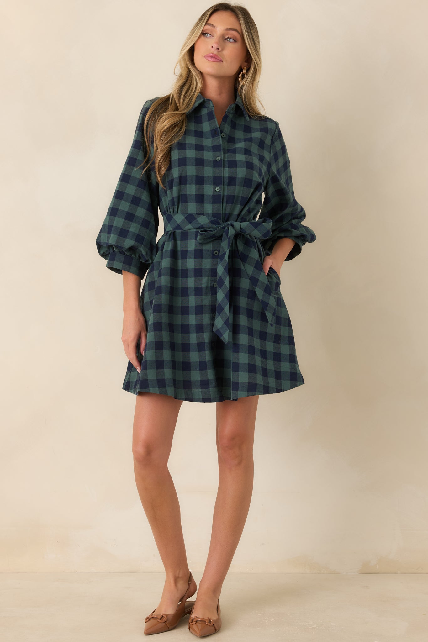 Button-front mini dress showcasing a collared neckline, three-quarter balloon sleeves, fitted cuffs, and side pockets.