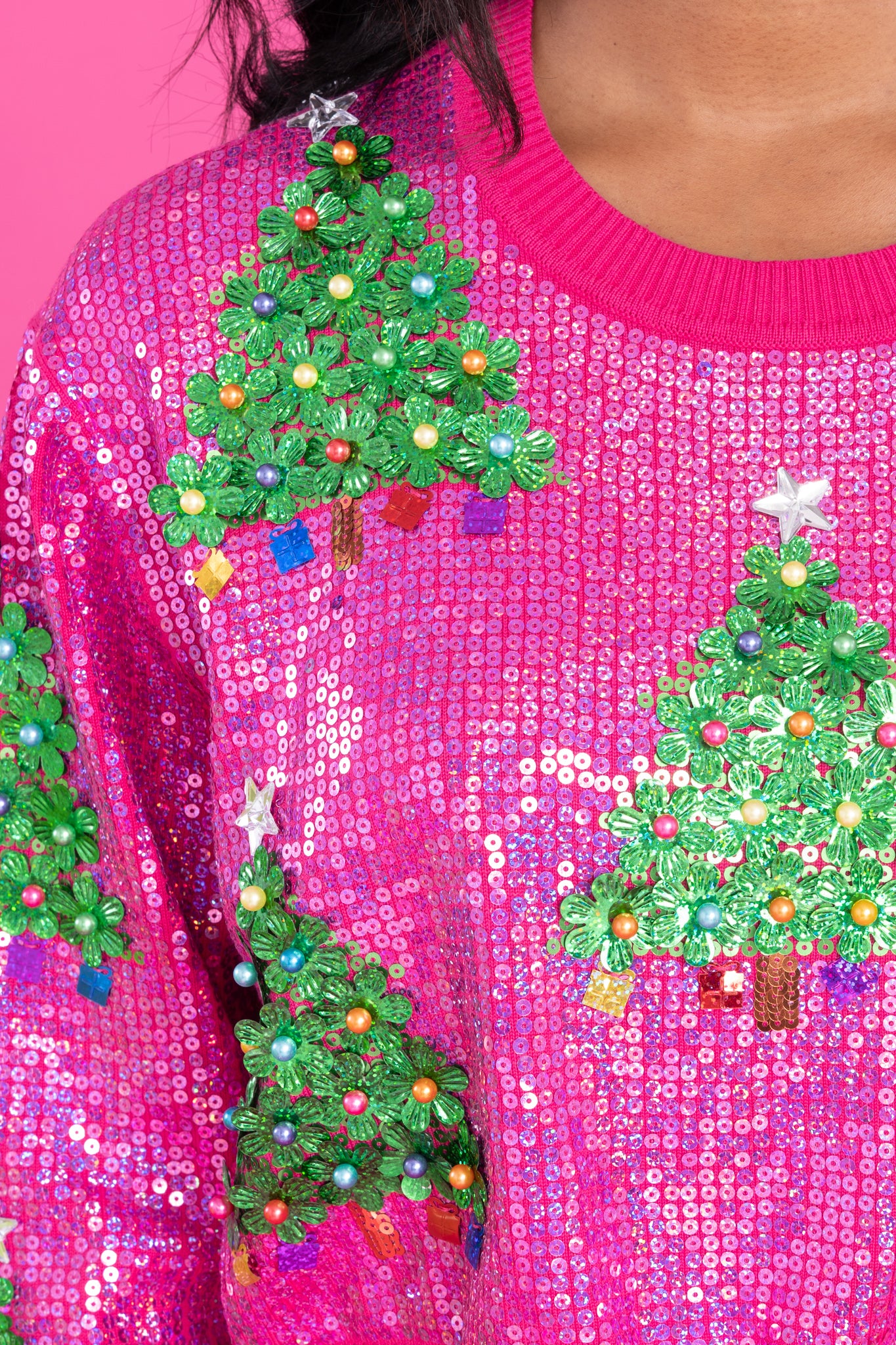 Queen of Sparkles Bright Pink Feather Christmas Tree & Candy Sweater, Med / Bright Pink