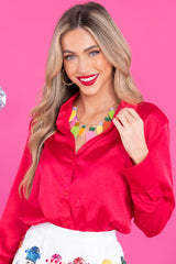 Front view of this top that features a collared v-neckline.