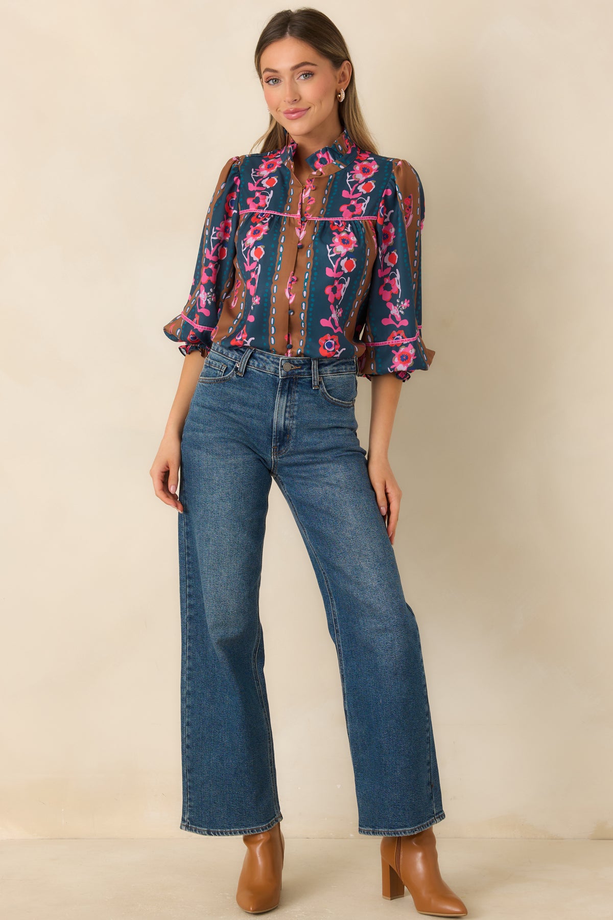 CROSBY Tapestry Stripe blouse with deep teal and caramel stripes, pink and coral florals, and a ruffled stand collar.
