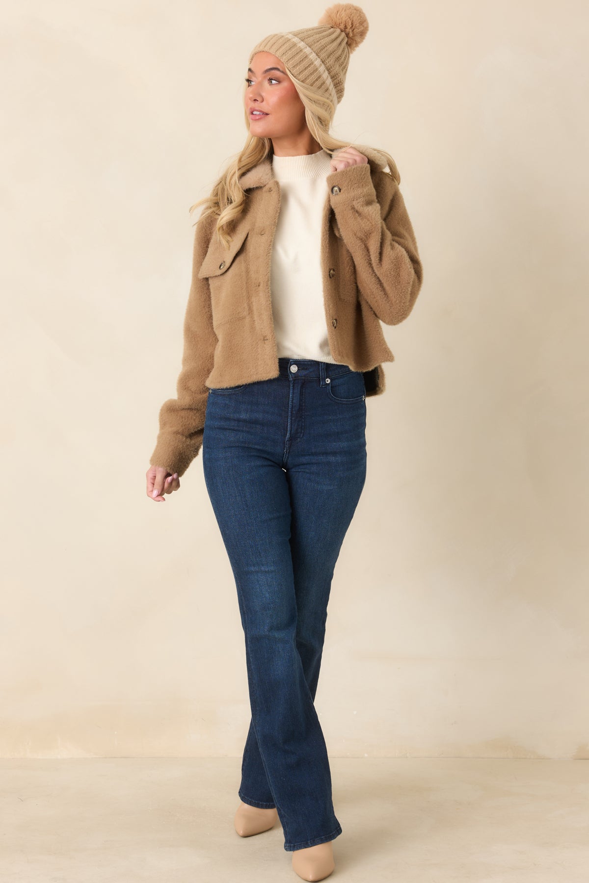 Camel button-front jacket with a soft faux fur neckline and a relaxed, boxy cut.