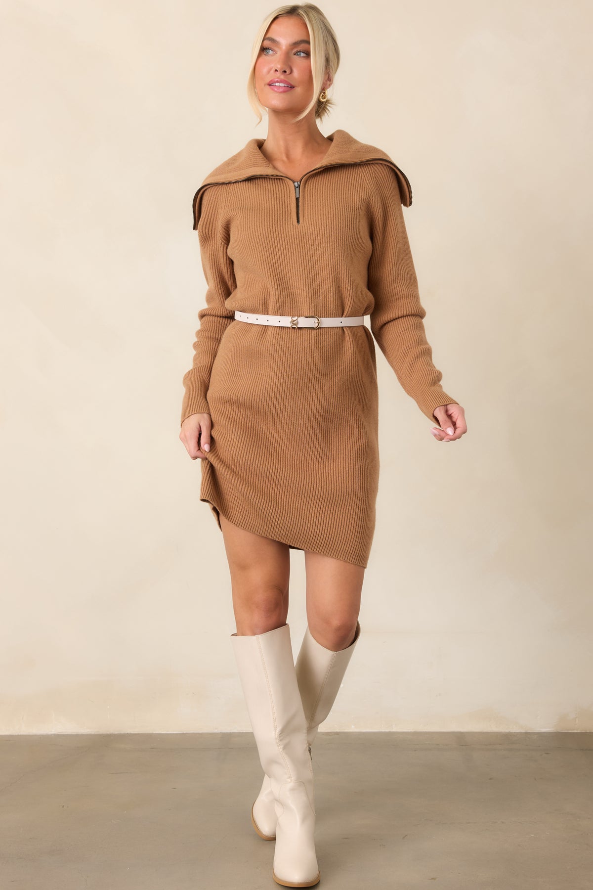 brown long knit dress Women's Ease Into It Camel Half-Zip Funnel Collar Longline Sweater | Color: Tan | Size: M 5% Spandex Lining 29.10.2025 Cleveland Browns FASHION BOTTOM Color:Riviera Blue