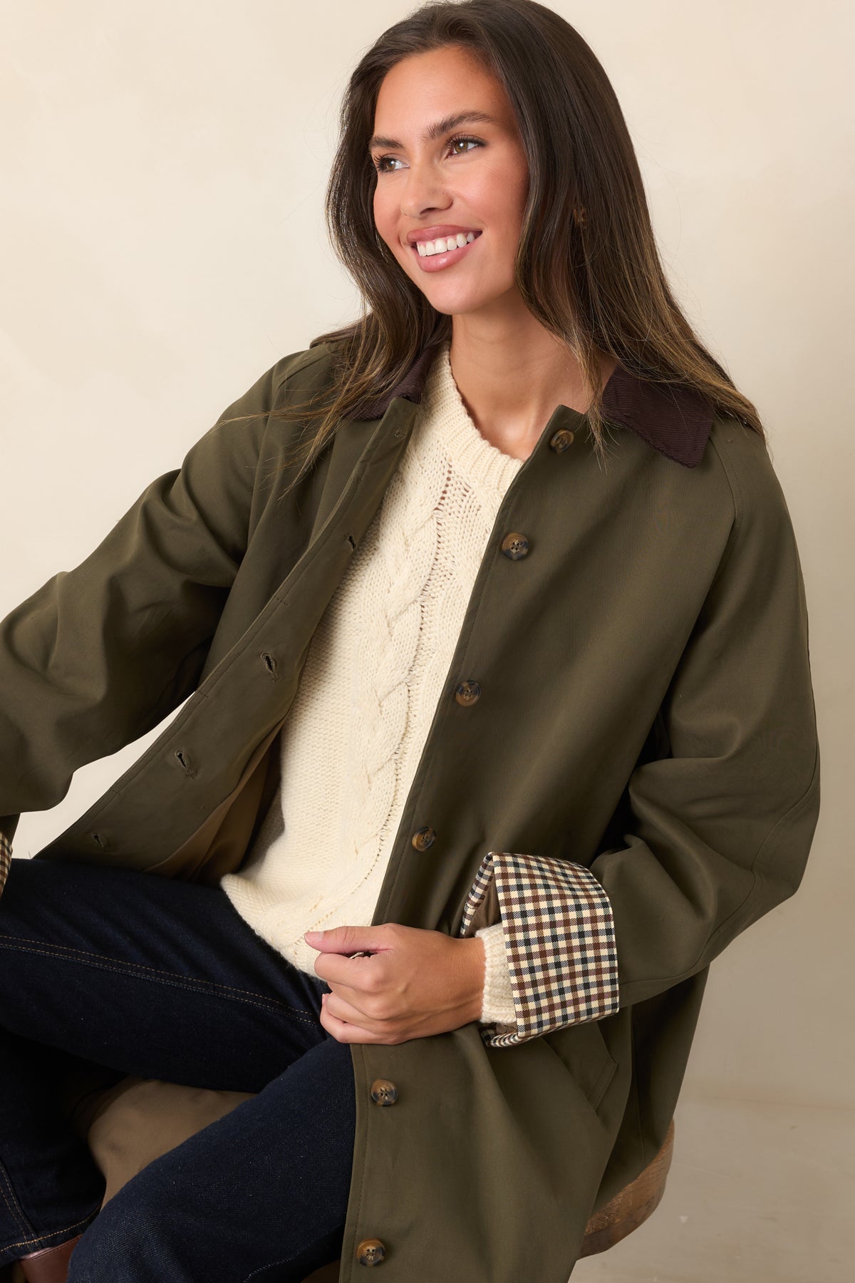 Smooth canvas-feel coat with checked cuffs and a chocolate brown textured corduroy collar.