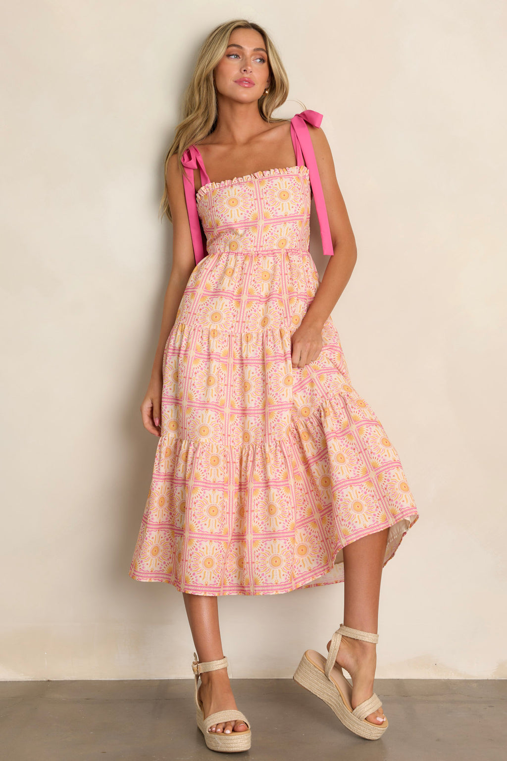 Pink Multi Print Tiered Midi Dress - All Dresses