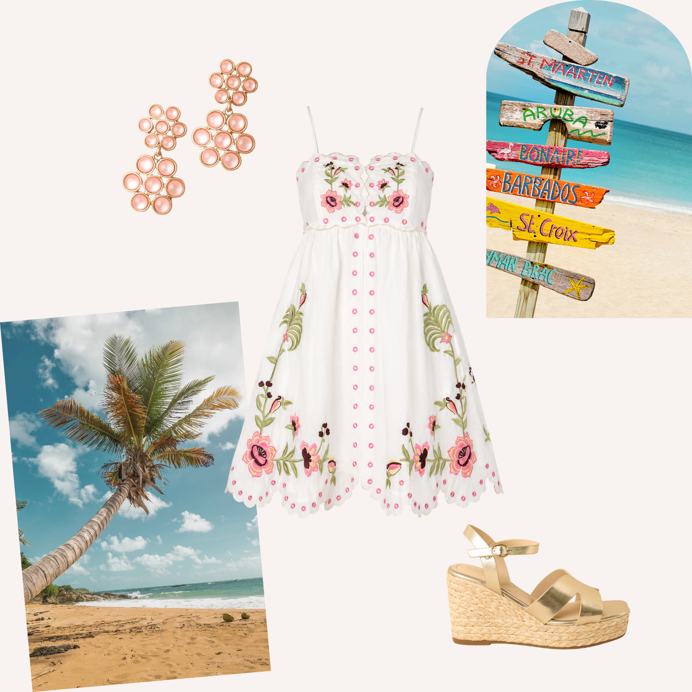 Cutout of a white mini dress with floral accents, surrounded by scenic pictures and accessories. 