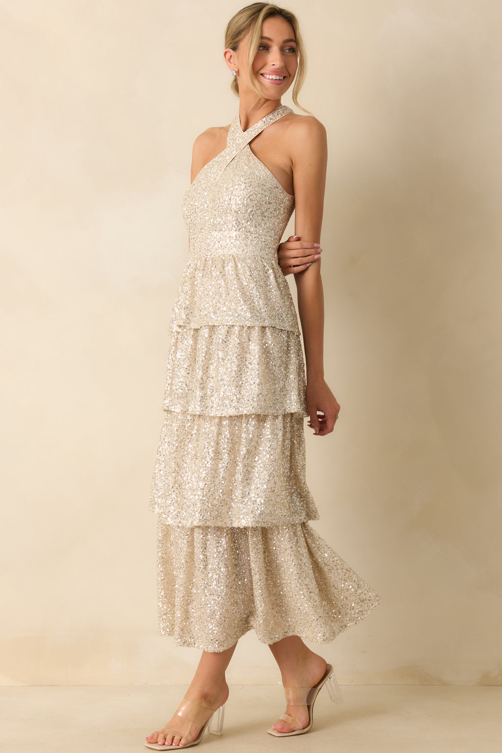champagne sparkly dresses Luxurious Cowl Neck Sequin Maxi Dress and sophistication Champagne Sequin Halter Maxi Dress
