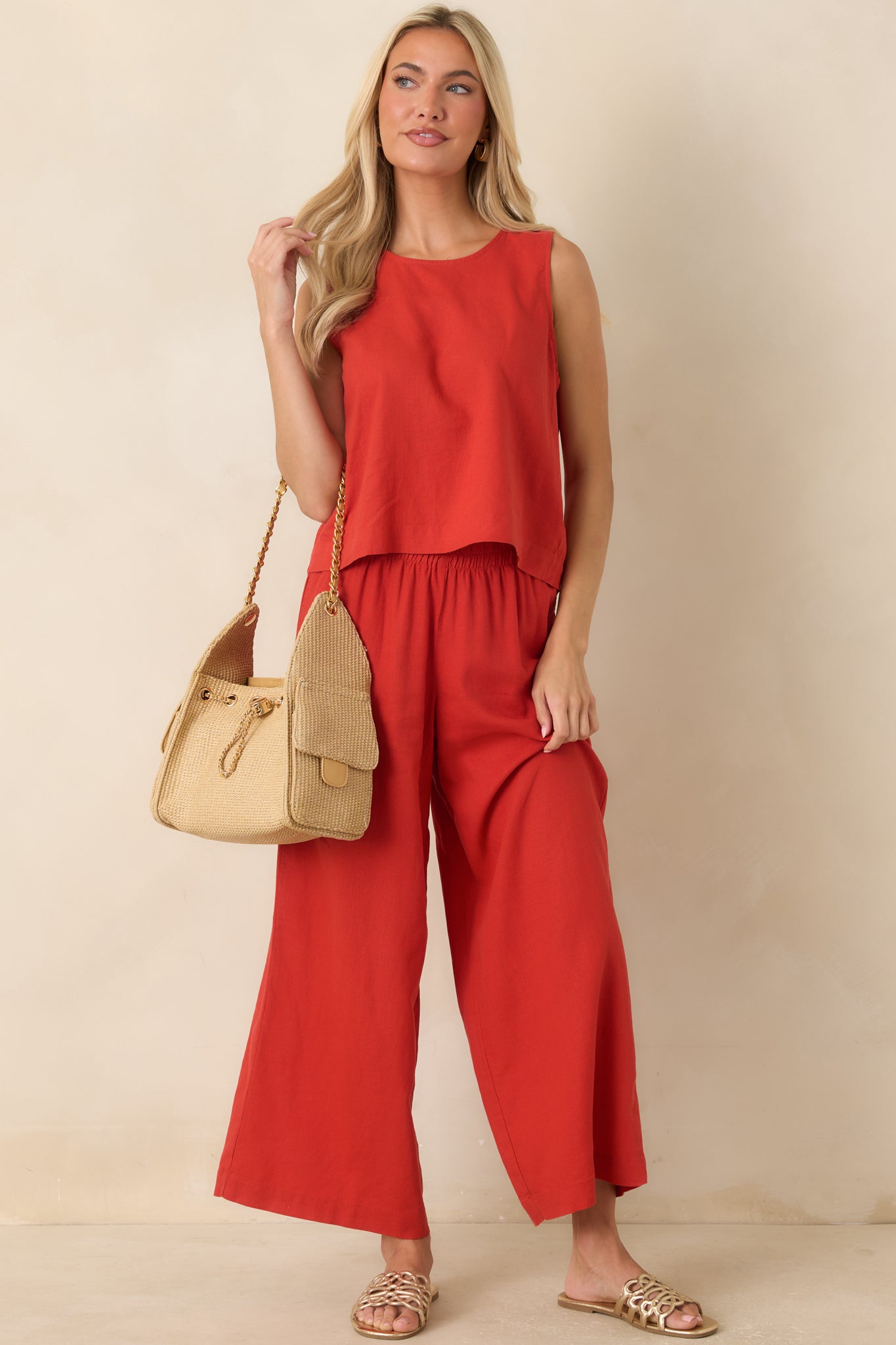 Chili pepper red pants featuring a relaxed fit, vibrant hue, and effortlessly polished everyday style.