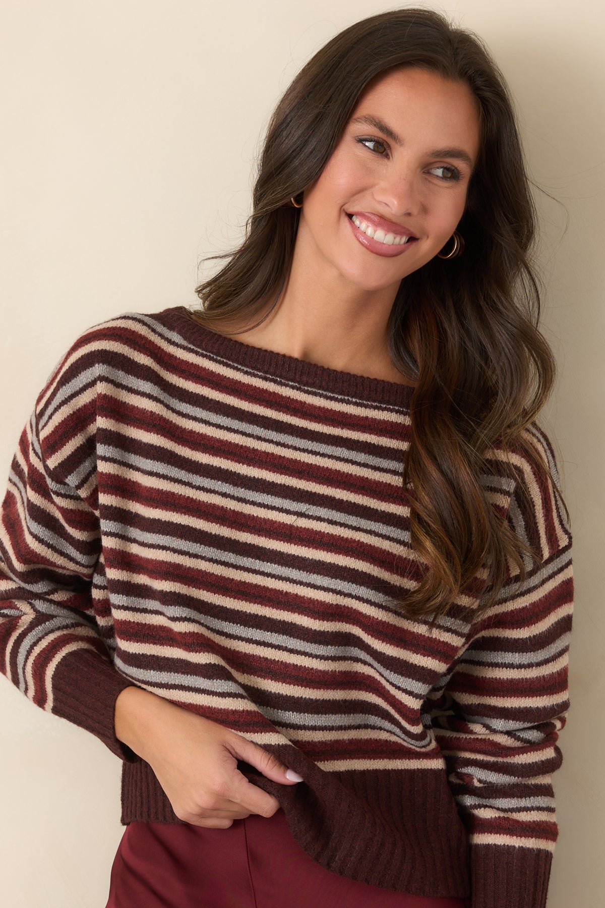 Chocolate brown and burgundy striped knit top with contrasting vanilla and grey accents.