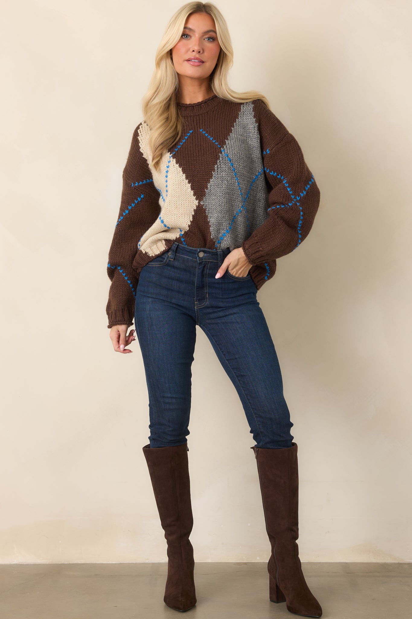 Perfectly Preppy Brown Multi Argyle Knit Sweater | Moon River