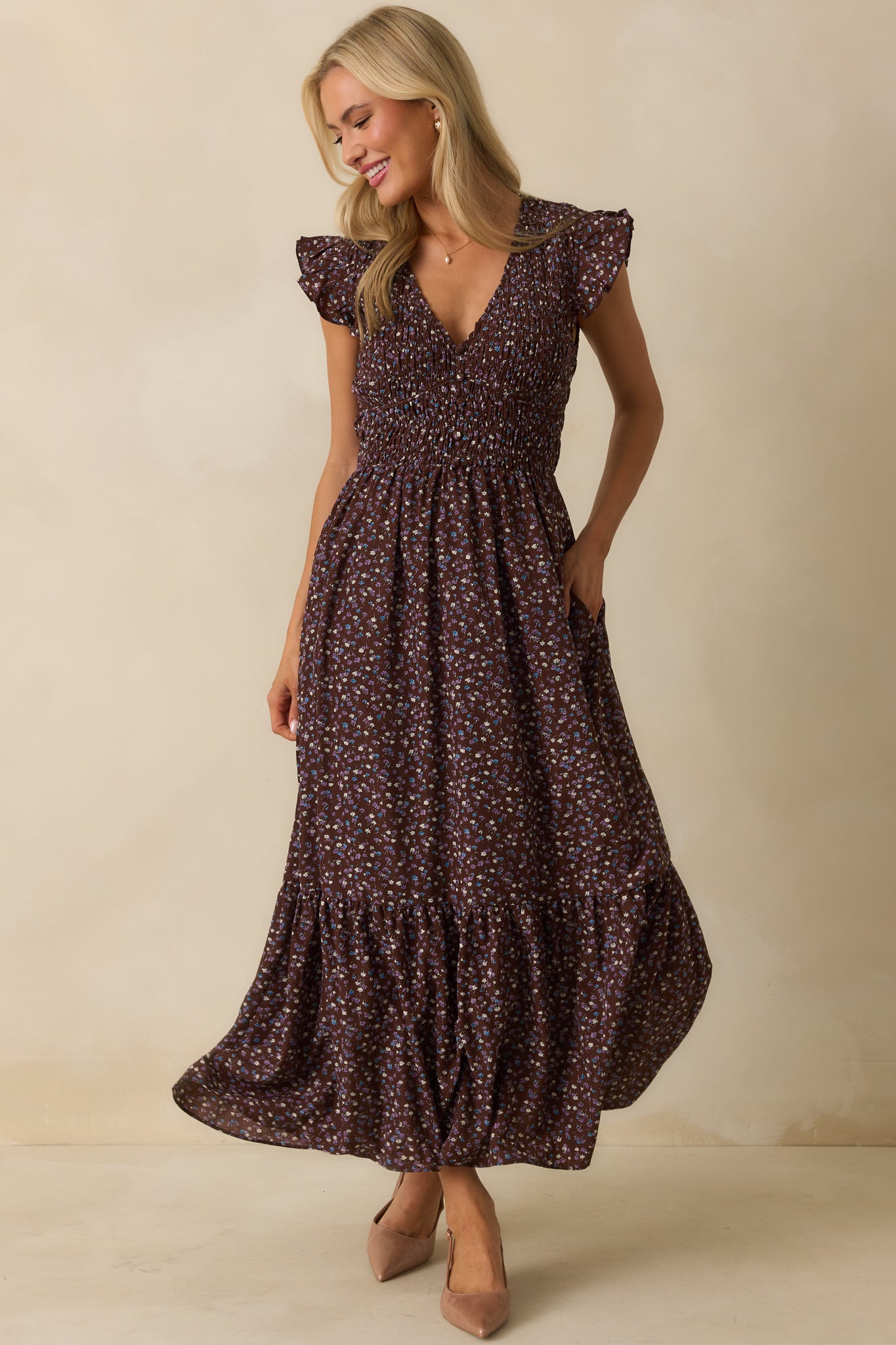 Chocolate Brown Floral Print Maxi Dress - All Dresses
