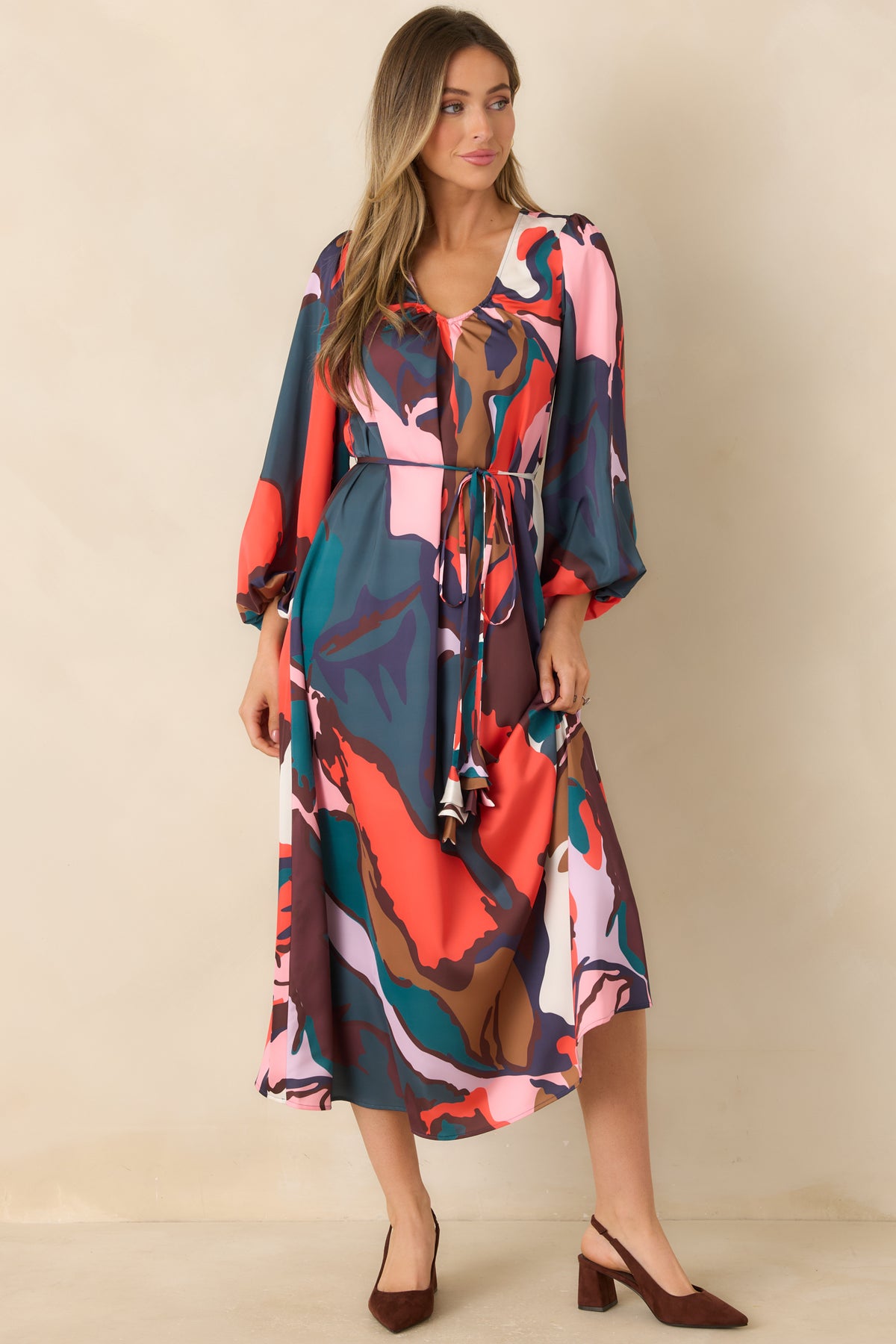Multicolor midi dress with oversized painterly shapes in chocolate brown, camel, ivory, and purple.