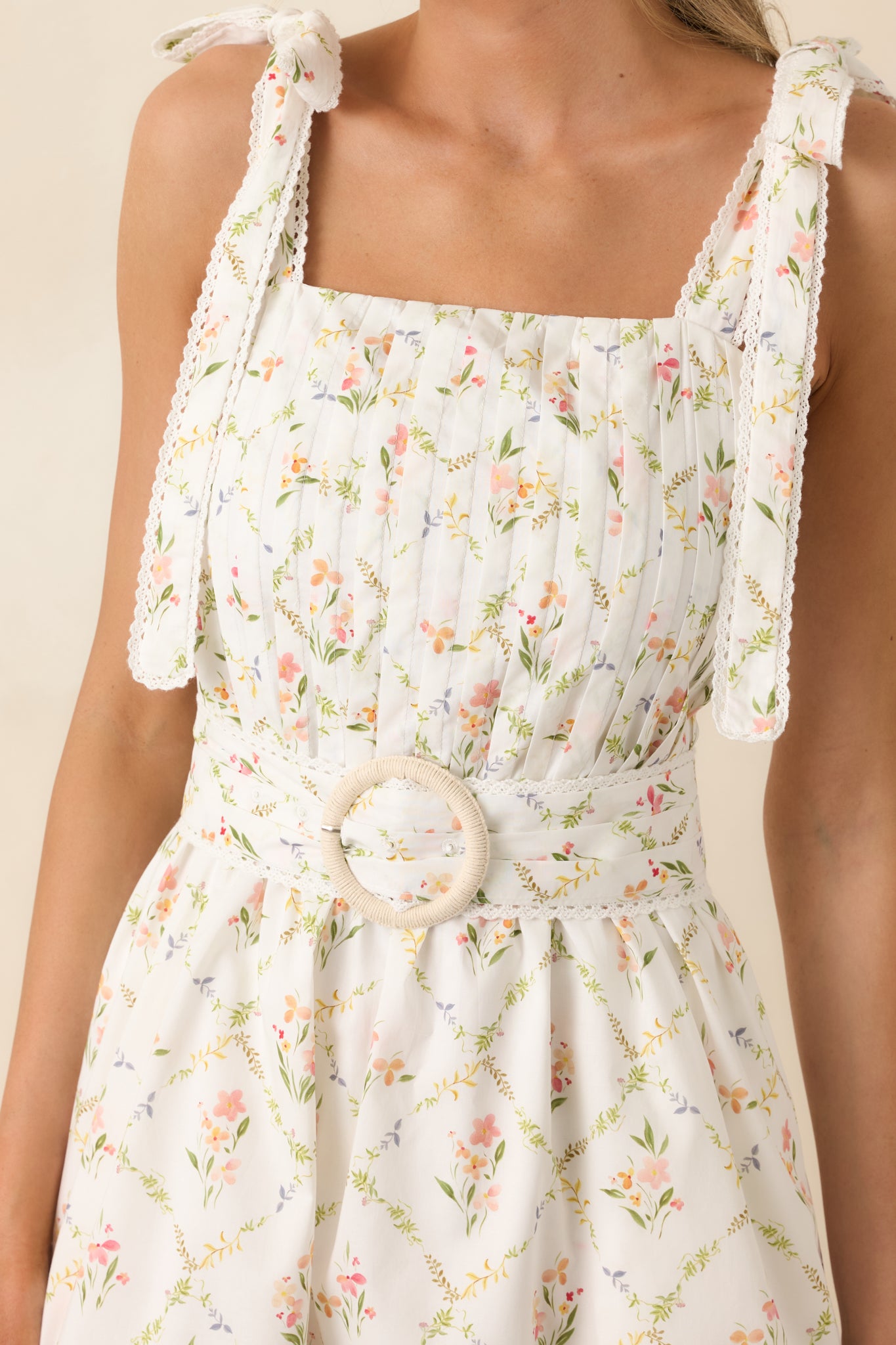 floral pleated mini dress Women's Just Like Spring White Multi Cotton Floral Pleated Mini Dress | Size: S