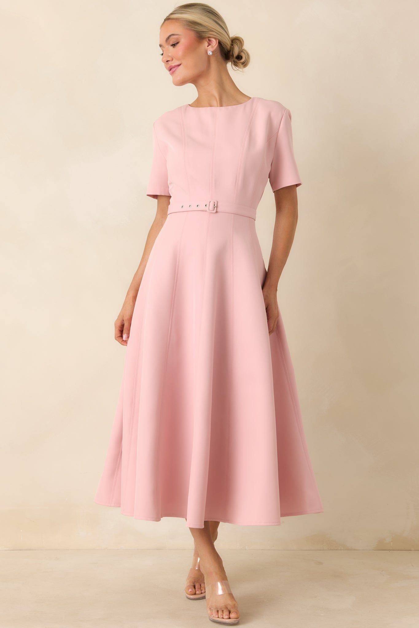 Put Together Perfectly Blush Pink Belted Midi Dress Put Together Perfectly Blush Pink Belted Midi Dress