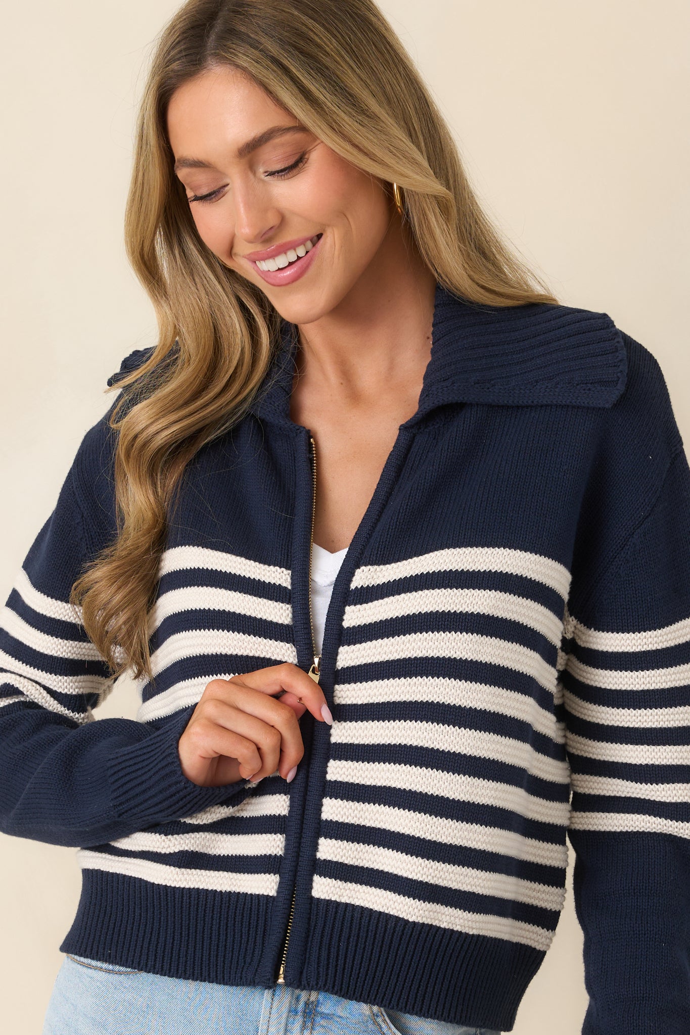 Red Dress | Z Supply Kovac Navy & Ivory Stripe Cotton Sweater Jacket
