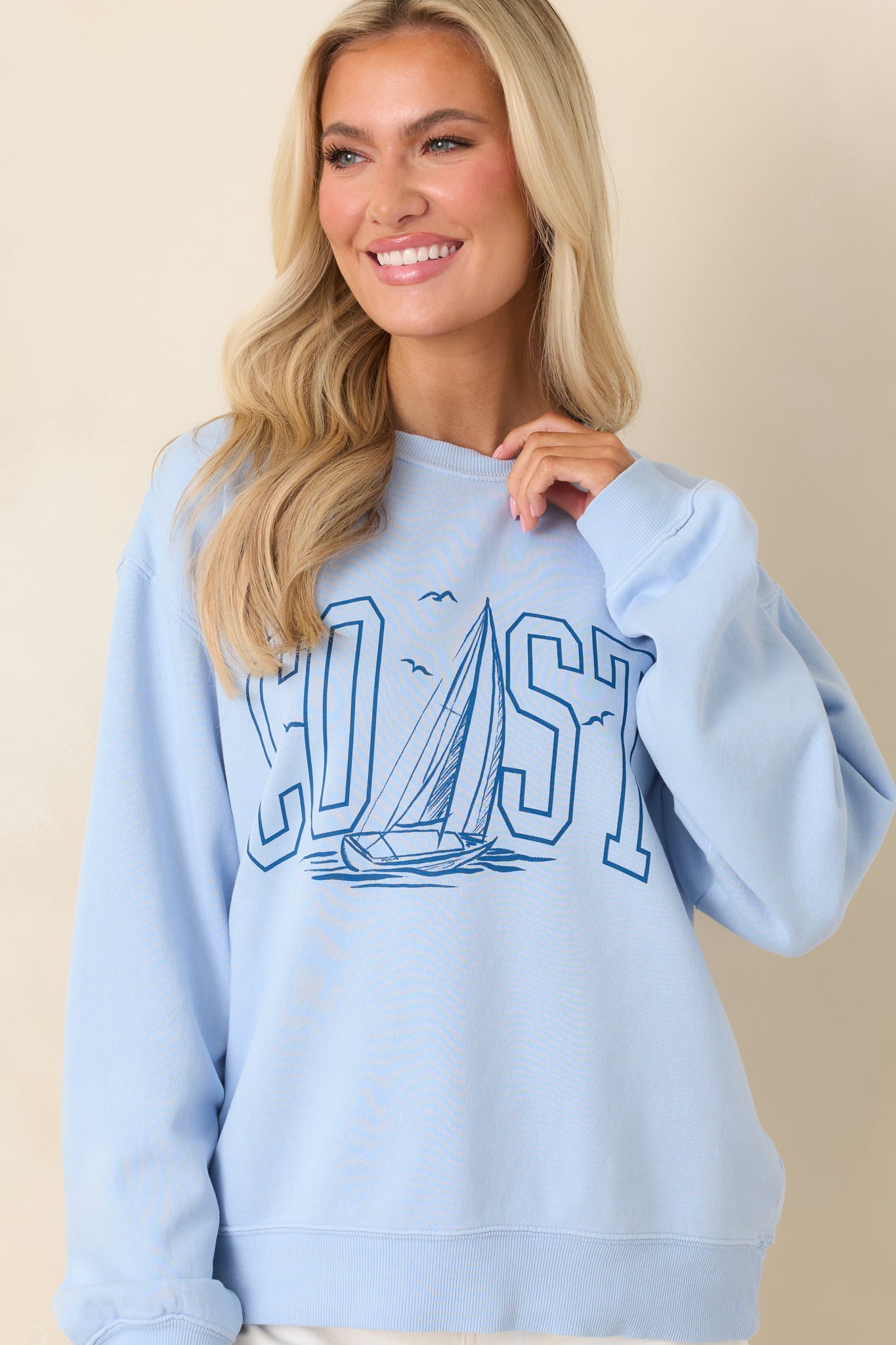 Close-cropped image showing the ribbed crew neckline and smooth cotton knit texture.