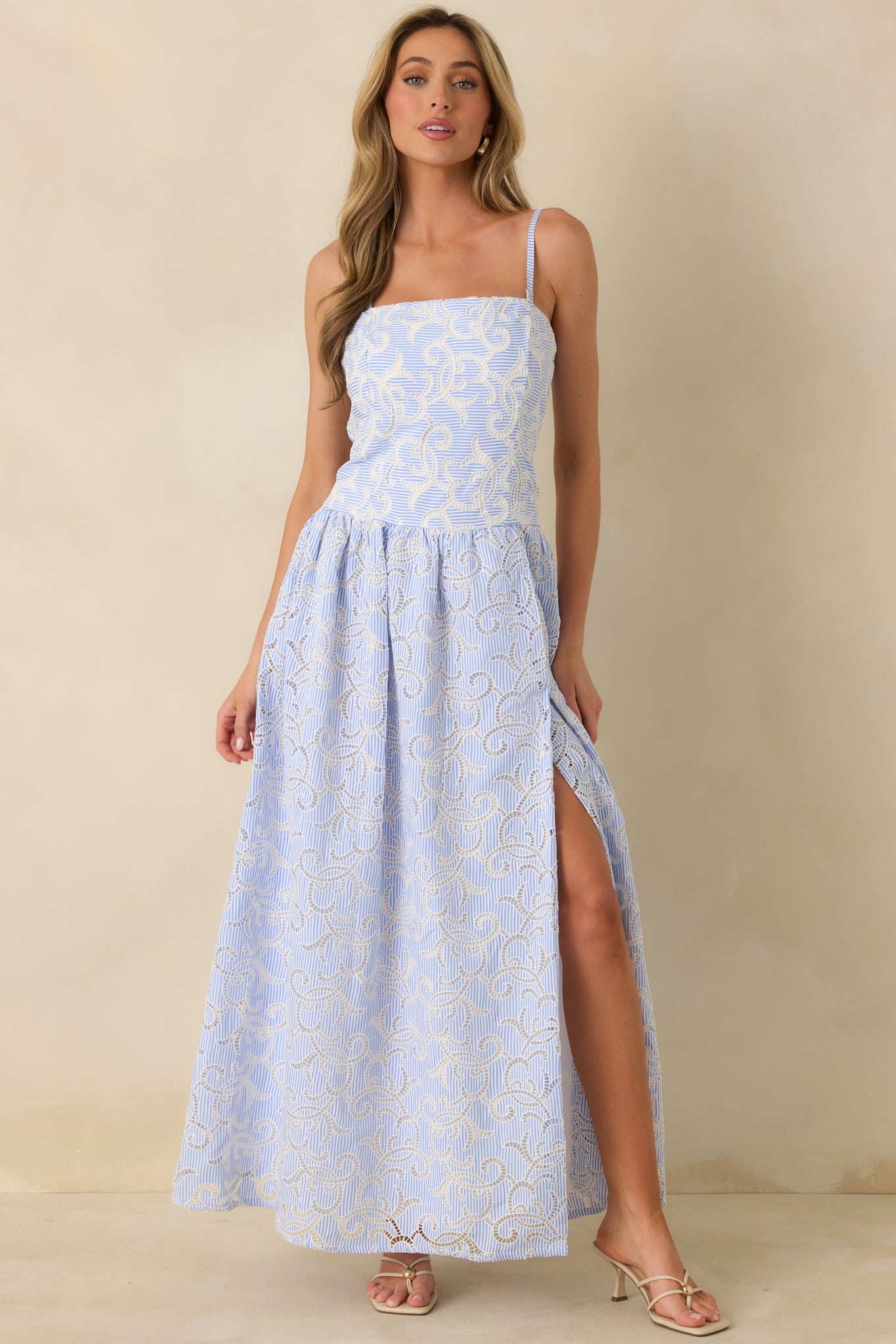 Women's The Space Between Blue Stripe Embroidered Eyelet Maxi Dress | Size: L