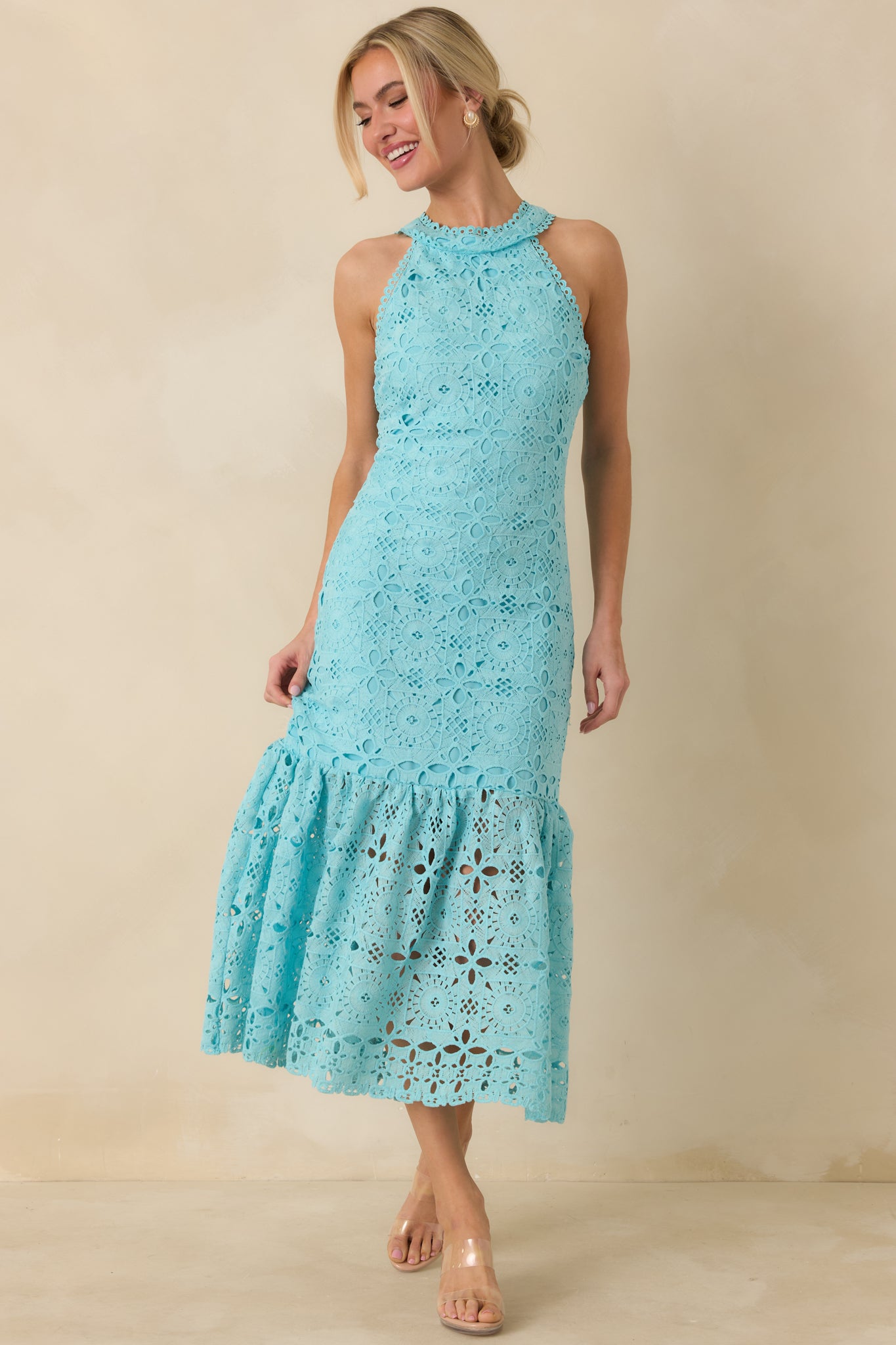 Close front view showing the fitted waist and tiered bottom for movement.