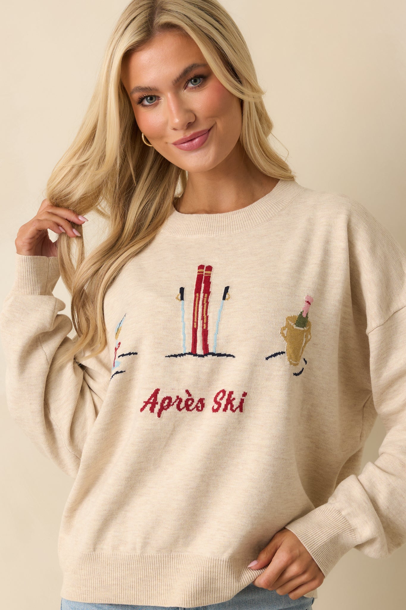 Close cropped shot showcasing the long sleeves, ribbed crewneck, and embroidery pattern.