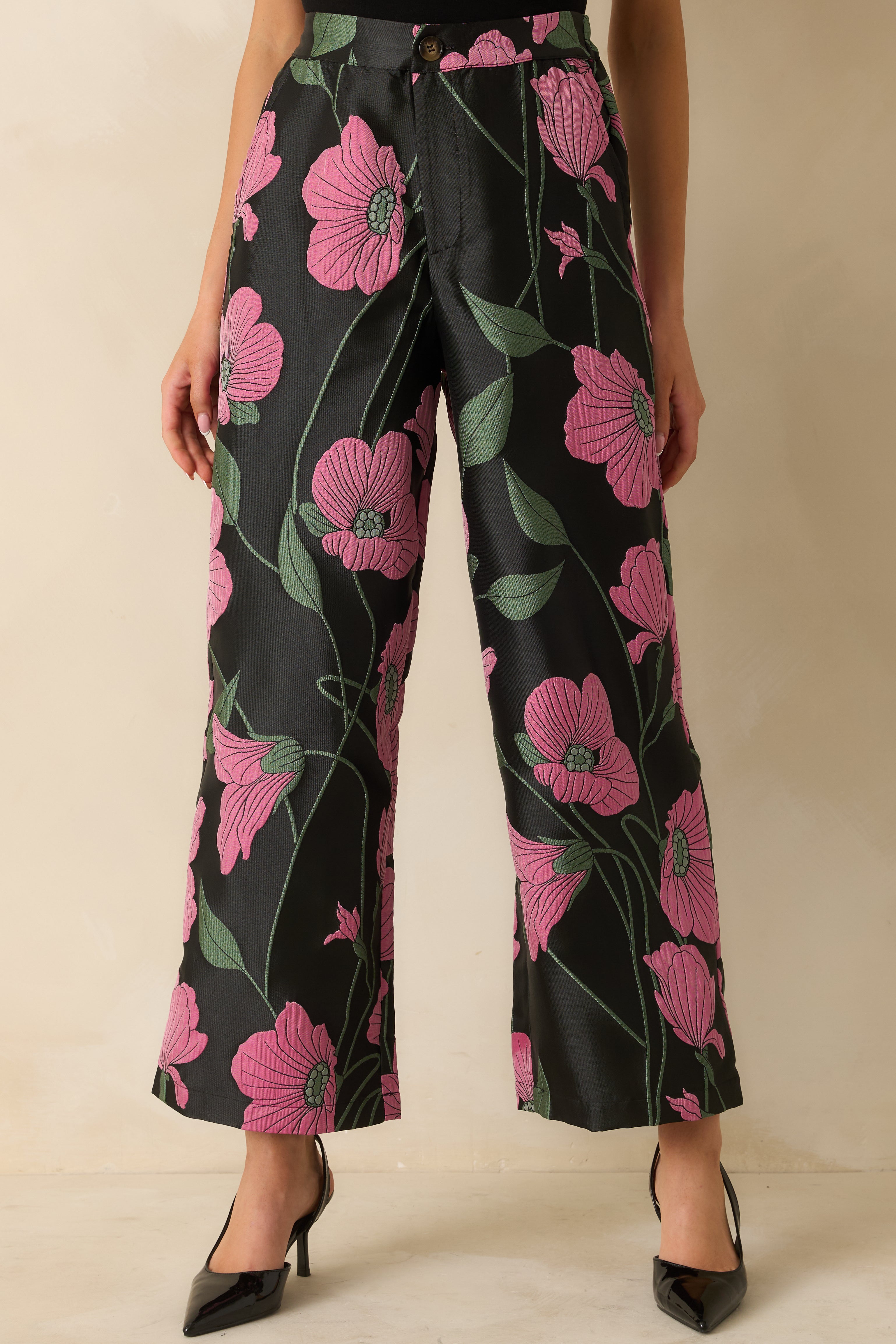 Black Multi Floral Jacquard Wide Leg Pants - Women's Bottoms | Red