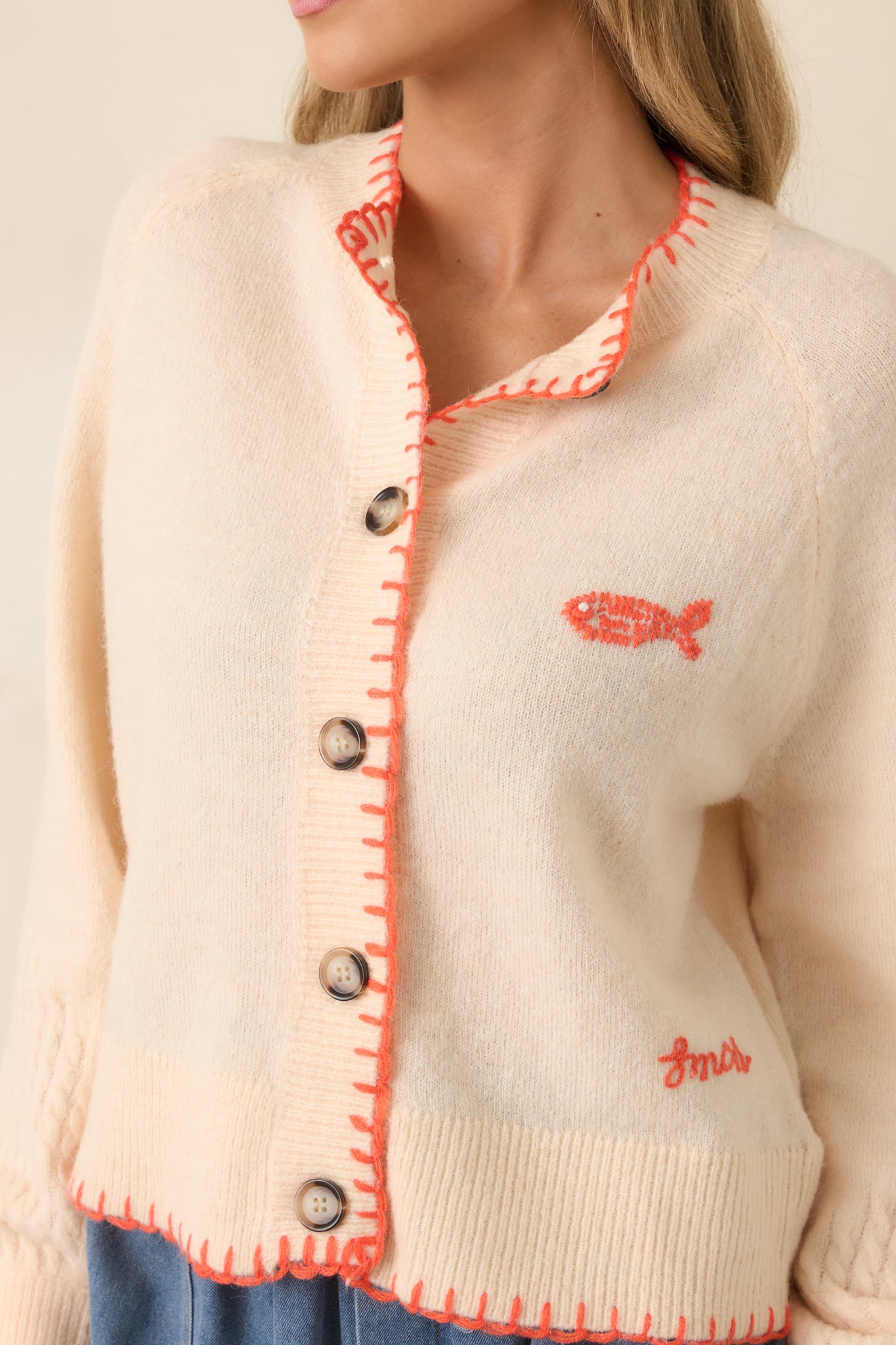 FRNCH Mara Ivory Contrast Stitch Fish Cardigan | Red Dress