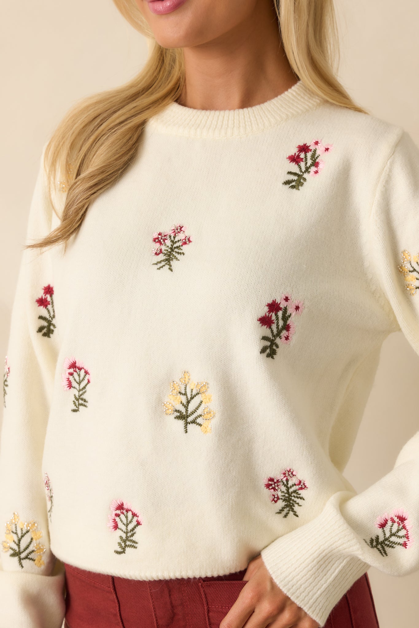 Ivory Multi Floral Embroidered Knit Sweater - Women's Tops | Red Dress