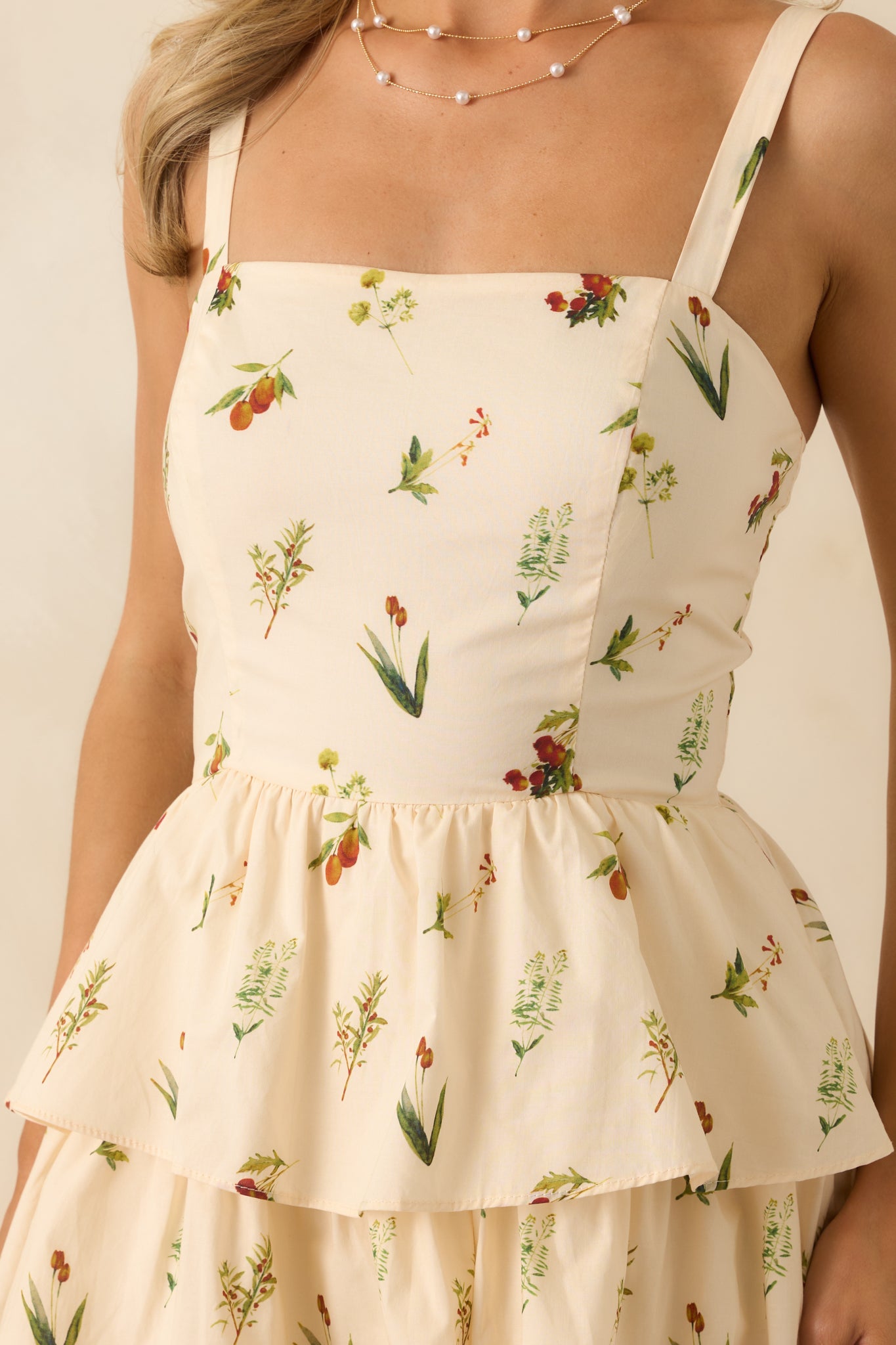 Close-up of the ivory fabric showing multicolor floral print and paneled bodice texture.