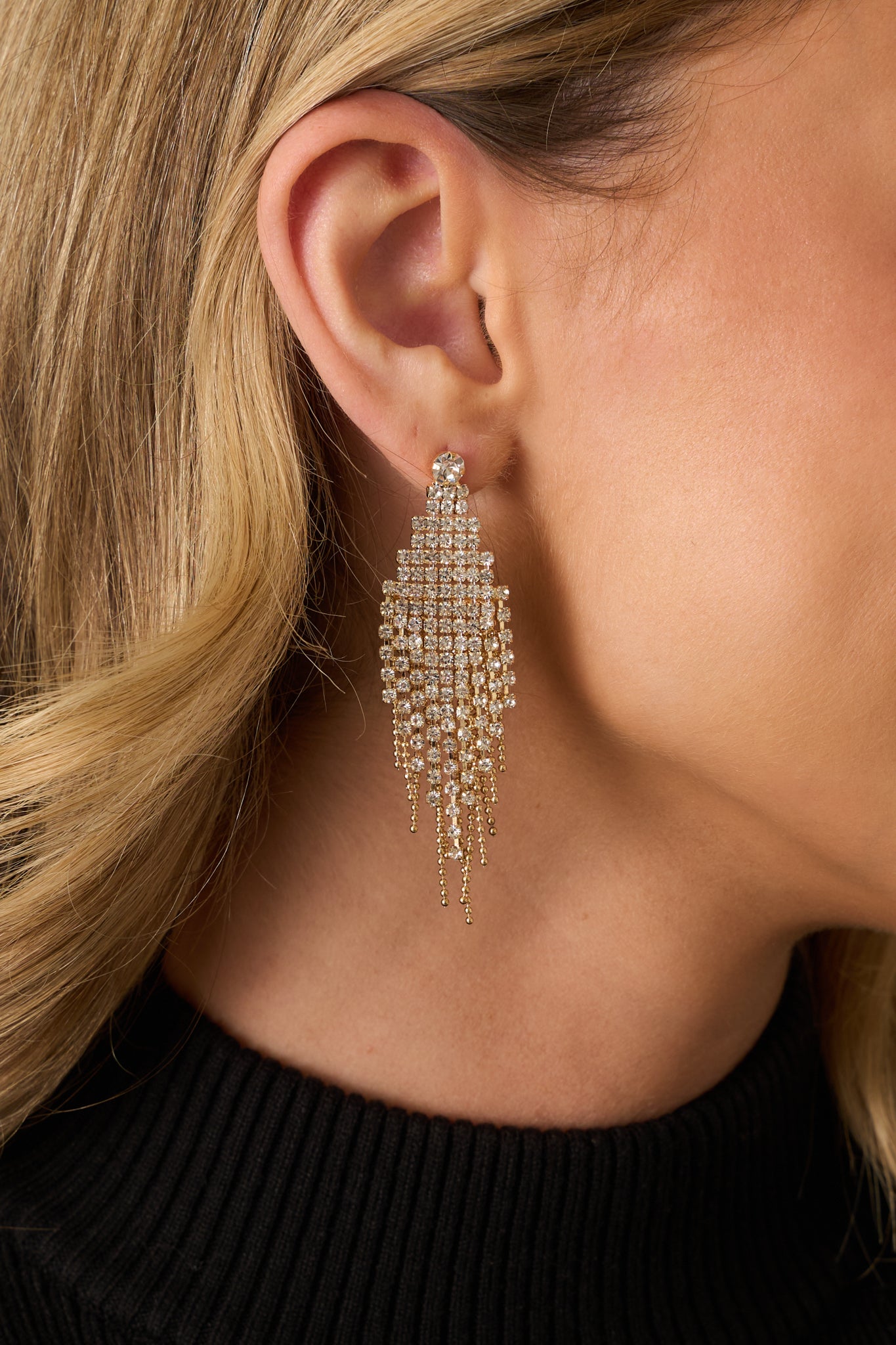 Close-up detail photo capturing the intricate mesh diamond pattern, rhinestone sparkle, and post backing hardware.
