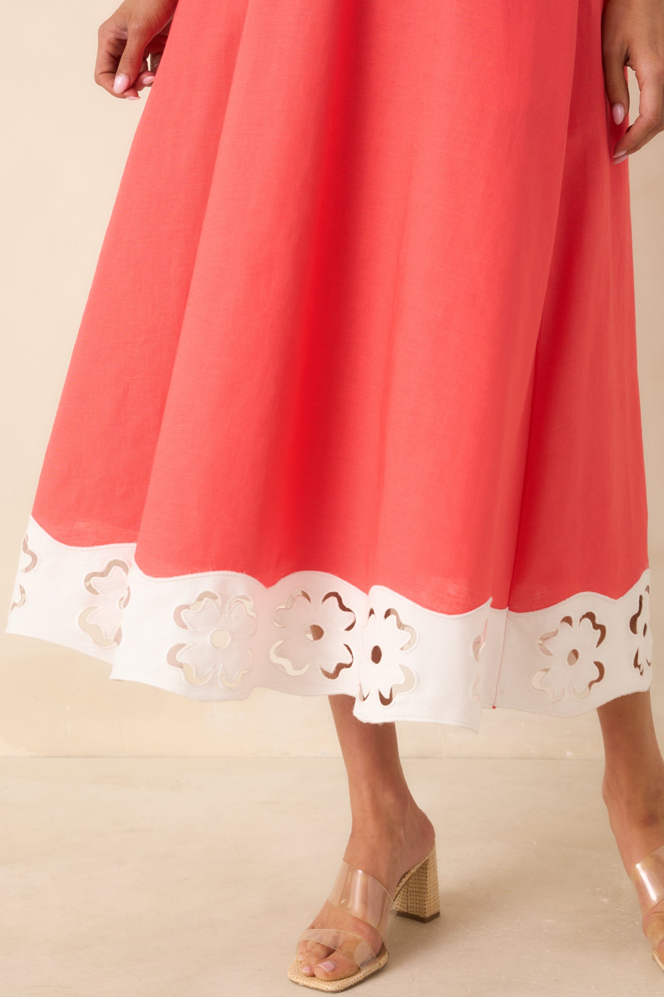 Women's Cut Out for It Poppy Red & Ivory Cotton Linen Floral Cutout Midi Dress | Color: Red Orange | Size: M | Red Dress Women's Cut Out for It Poppy Red & Ivory Cotton Linen Floral Cutout Midi Dress | Color: Red Orange | Size: M | Red Dress