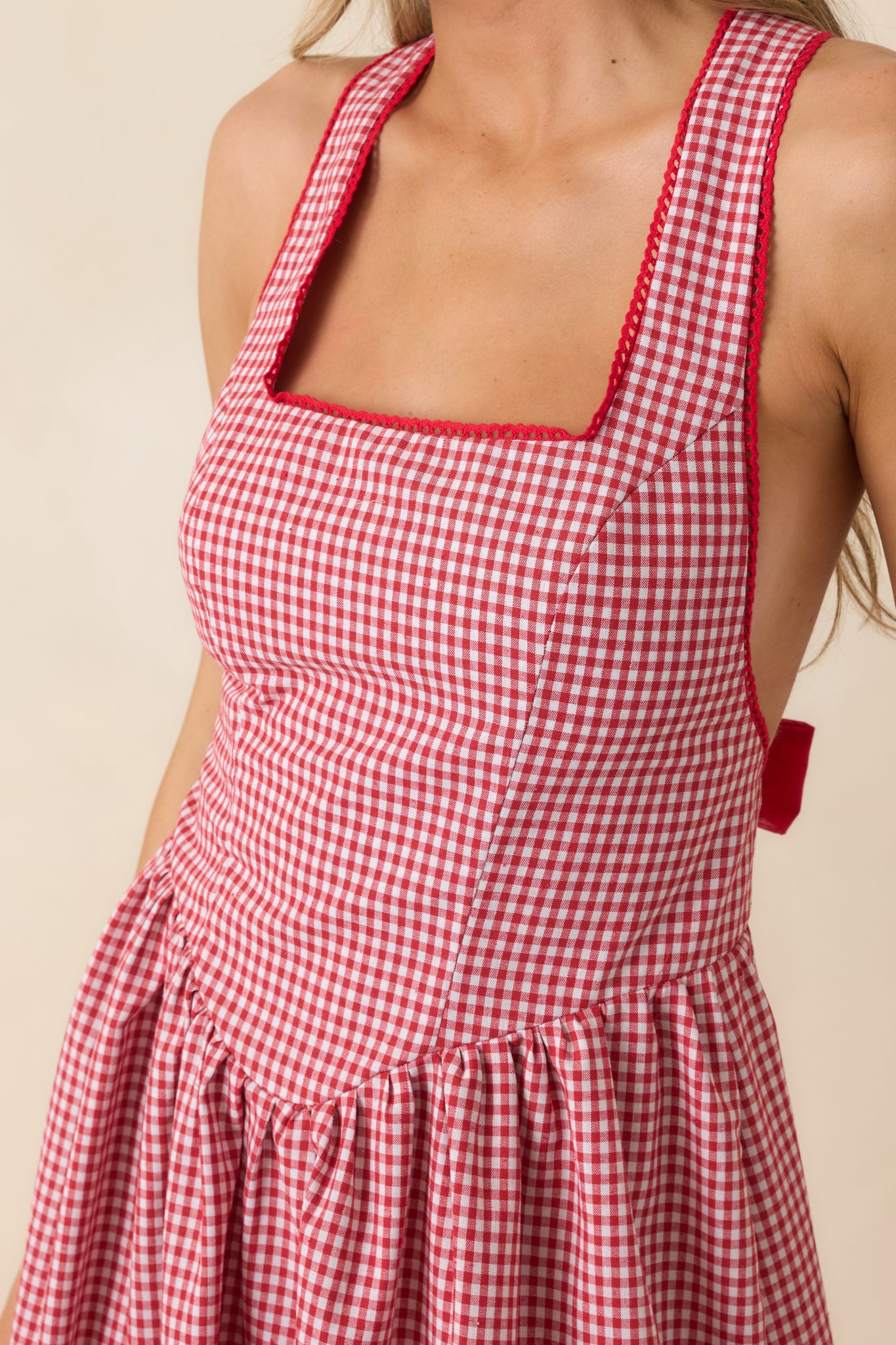 Red Gingham Open Back Tie Maxi Dress - All Dresses