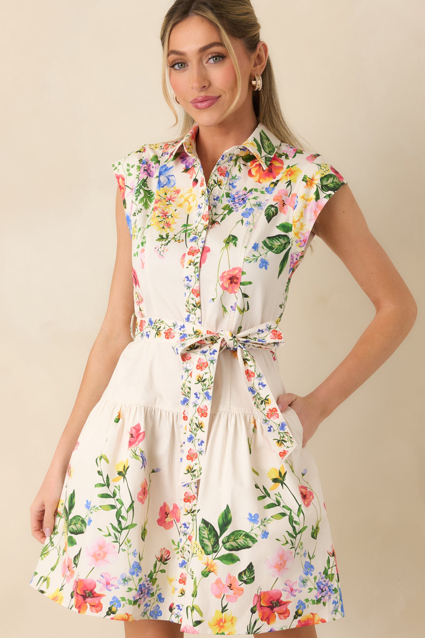 White Multi Cotton Floral Tie Belt Mini Dress - All Dresses