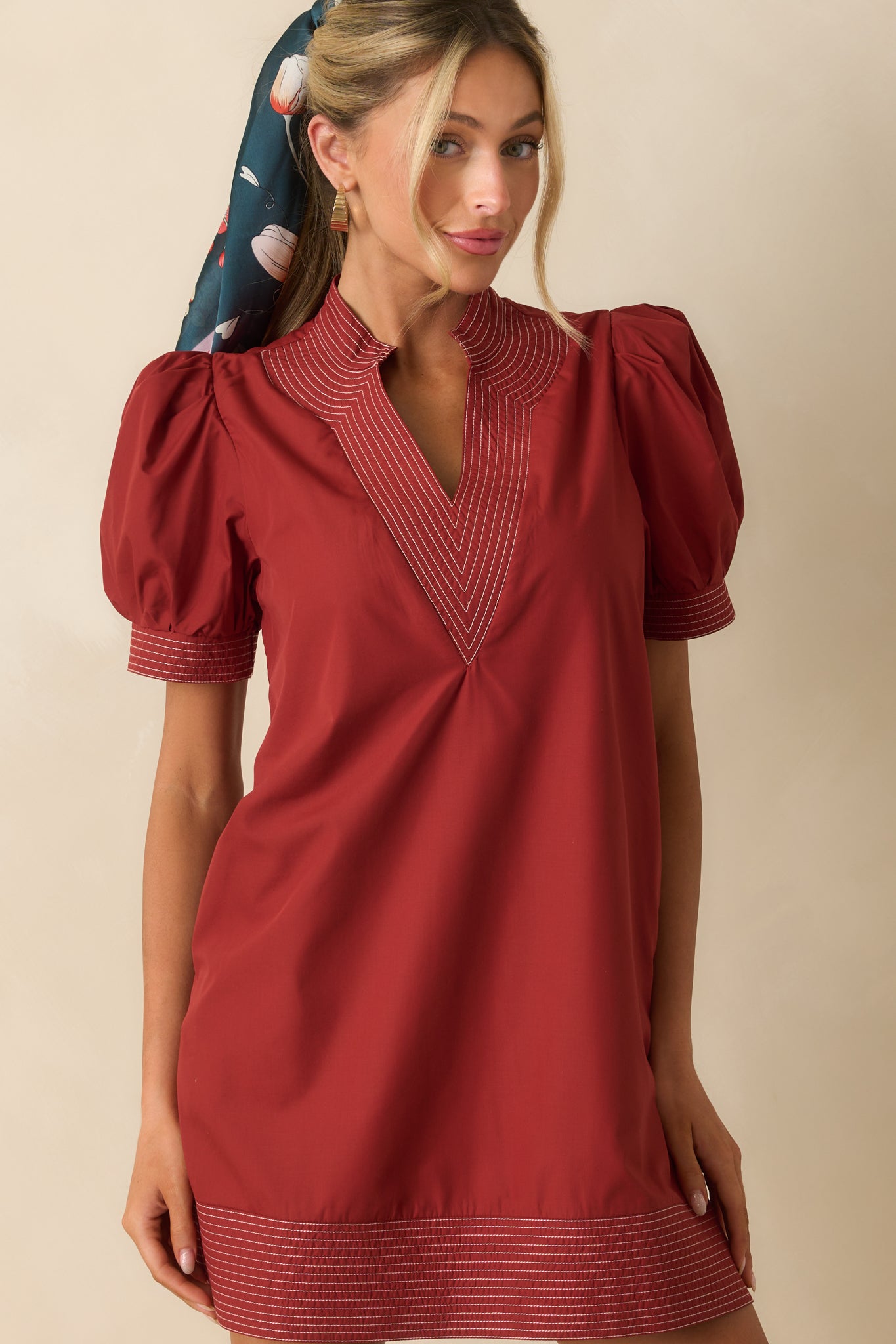 Brick Red Cotton Puff Sleeve Dress - Mini Dresses