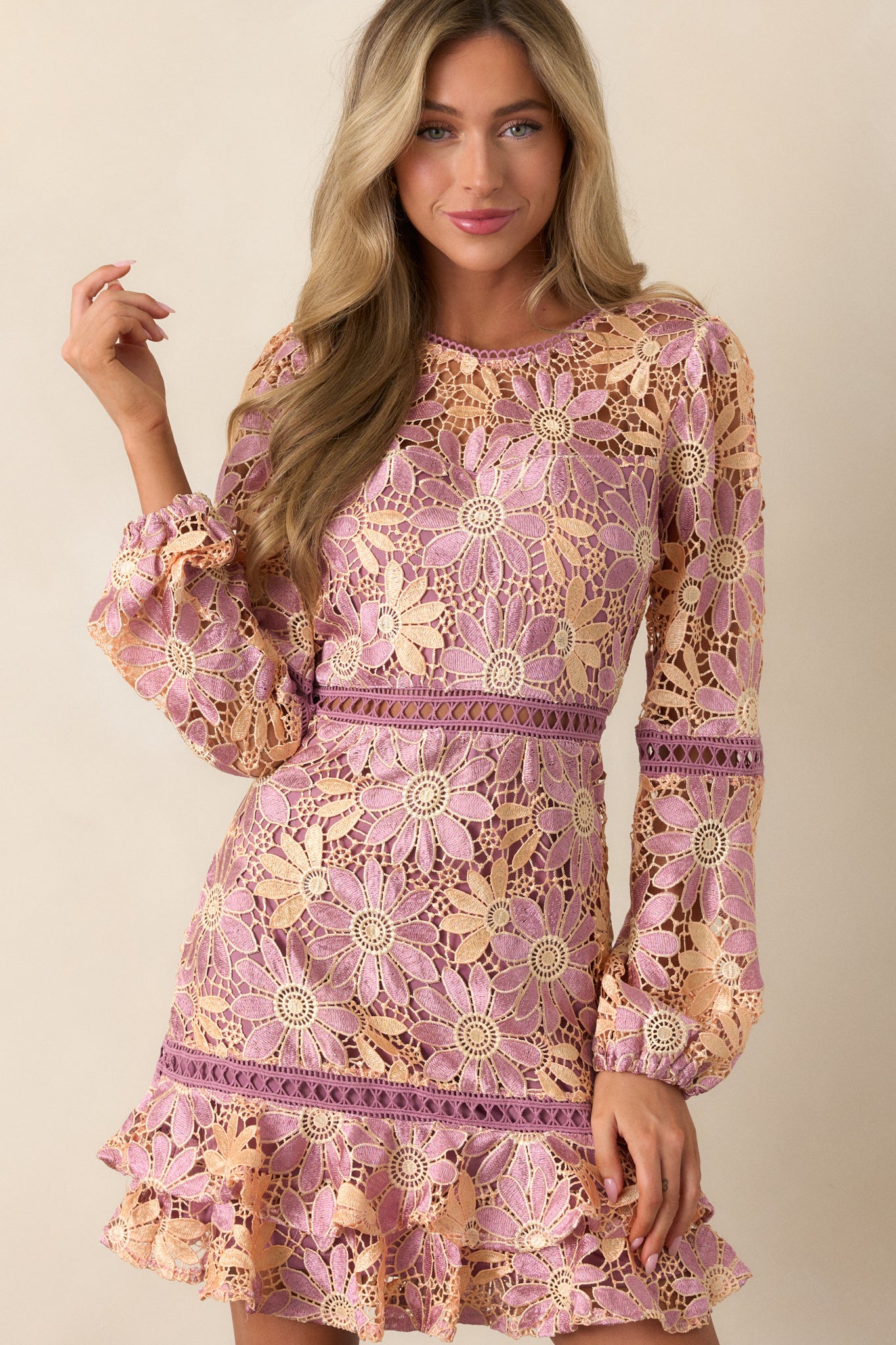 Mauve Floral Embroidered Mini Dress - Long Sleeve Dresses | Red Dress