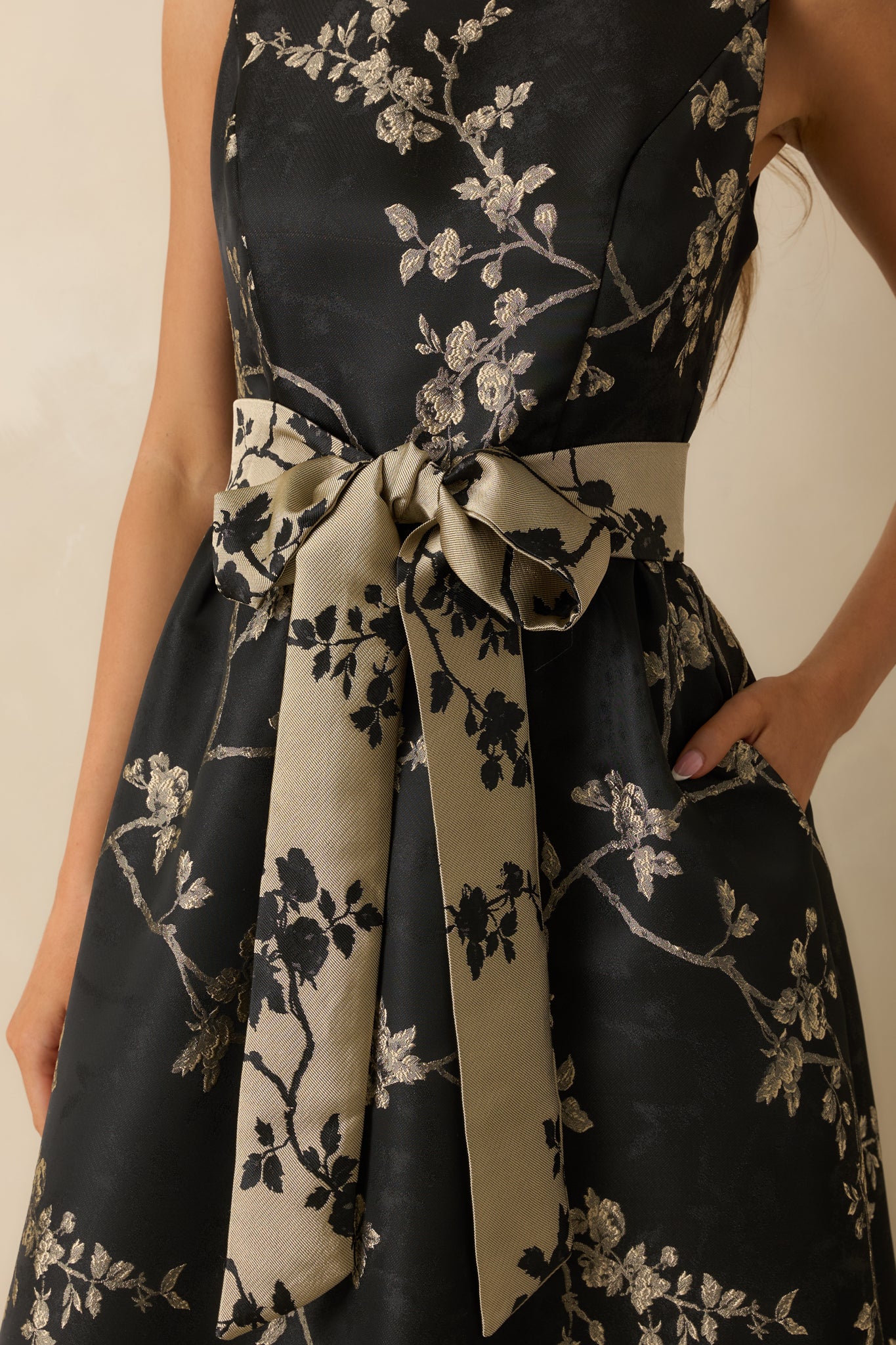 Black Floral Jacquard Bow Belt Maxi Dress - Event Dresses | Red Dress Black Floral Jacquard Bow Belt Maxi Dress - Event Dresses | Red Dress