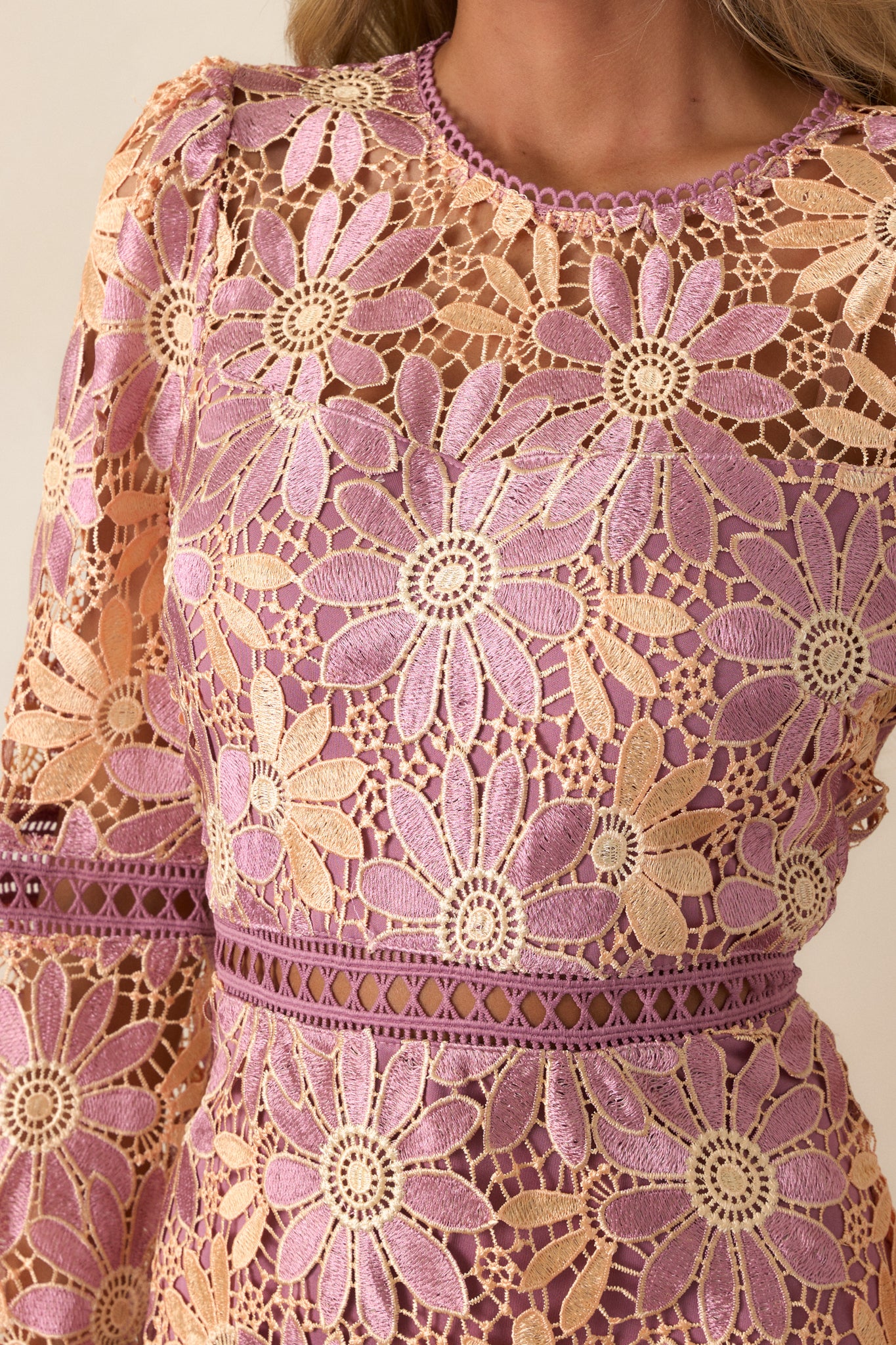 Mauve Floral Embroidered Mini Dress - Long Sleeve Dresses | Red Dress